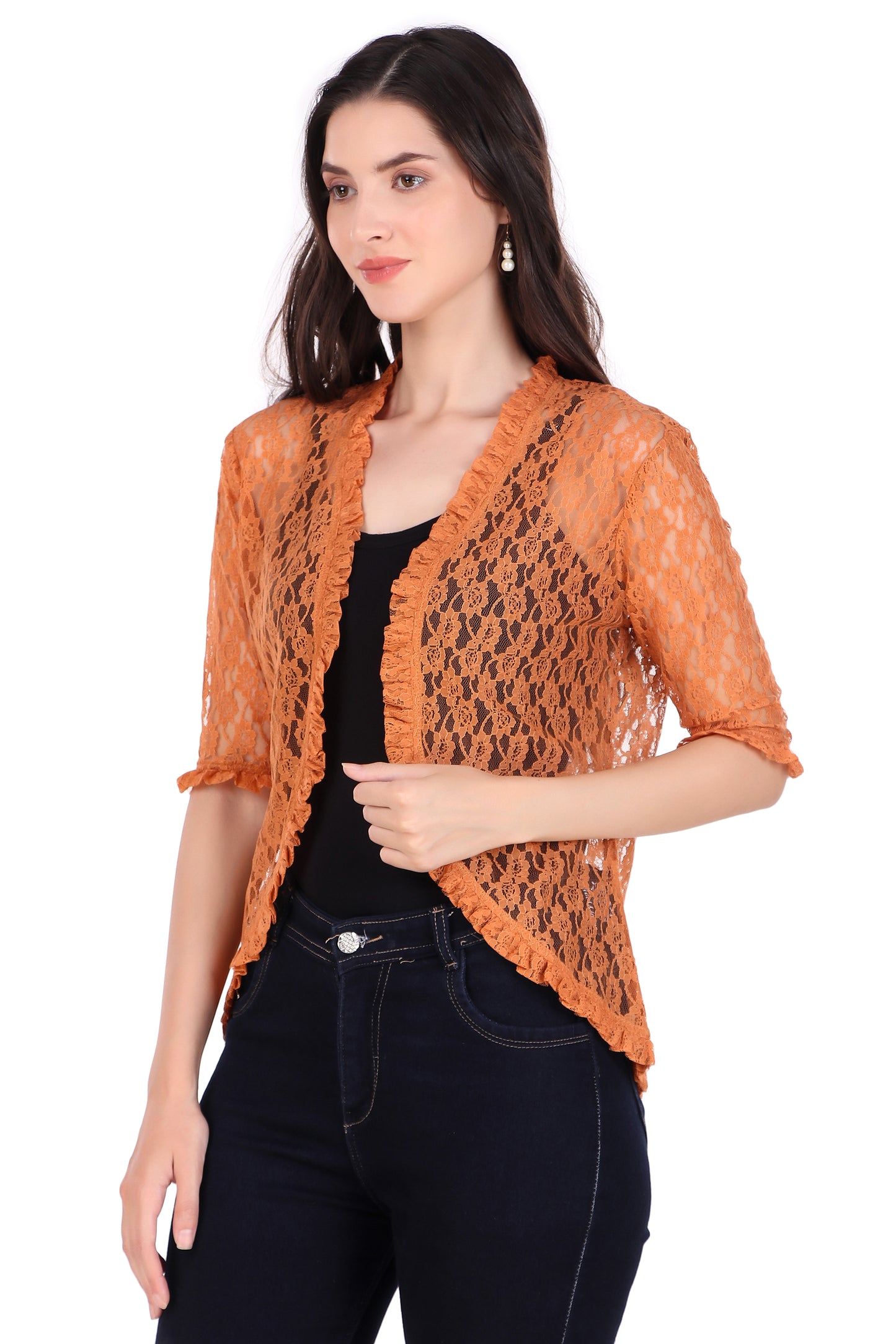 BoheeWohee Women's Floral Lace Shrug with Frill Accents - Orange