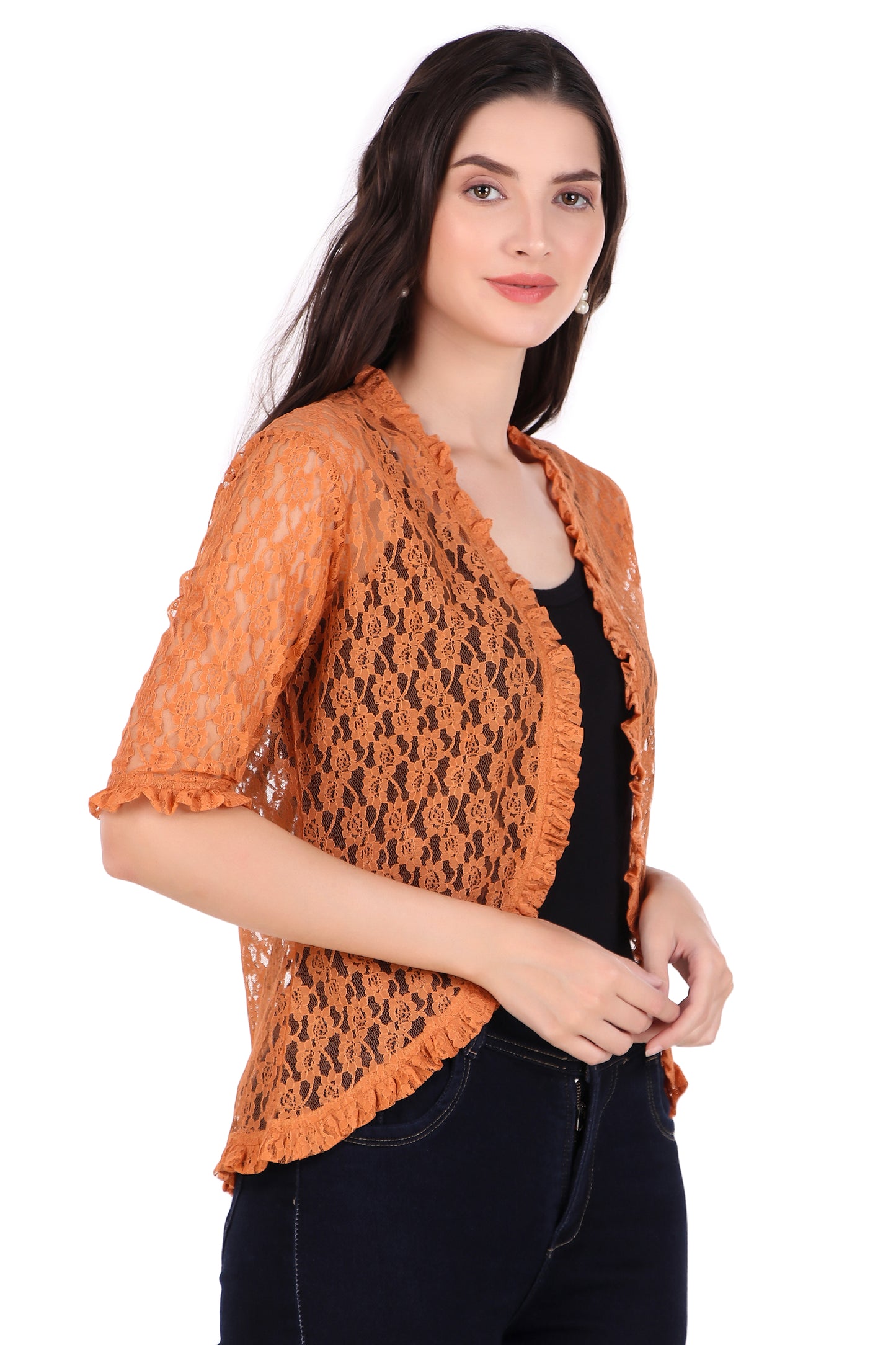 BoheeWohee Women's Floral Lace Shrug with Frill Accents - Orange