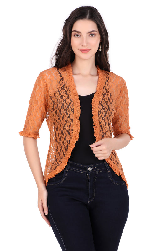BoheeWohee Women's Floral Lace Shrug with Frill Accents - Orange