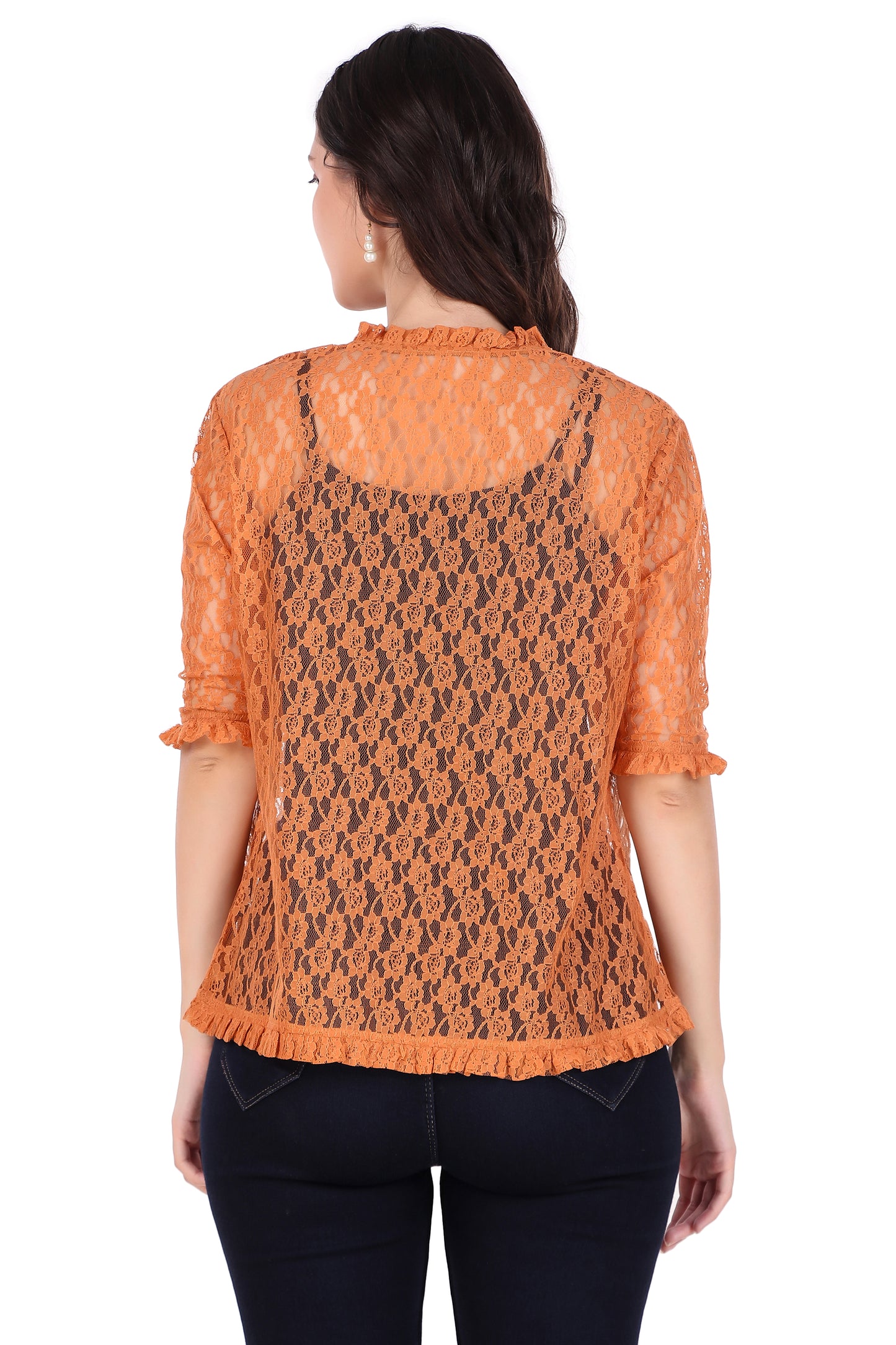 BoheeWohee Women's Floral Lace Shrug with Frill Accents - Orange