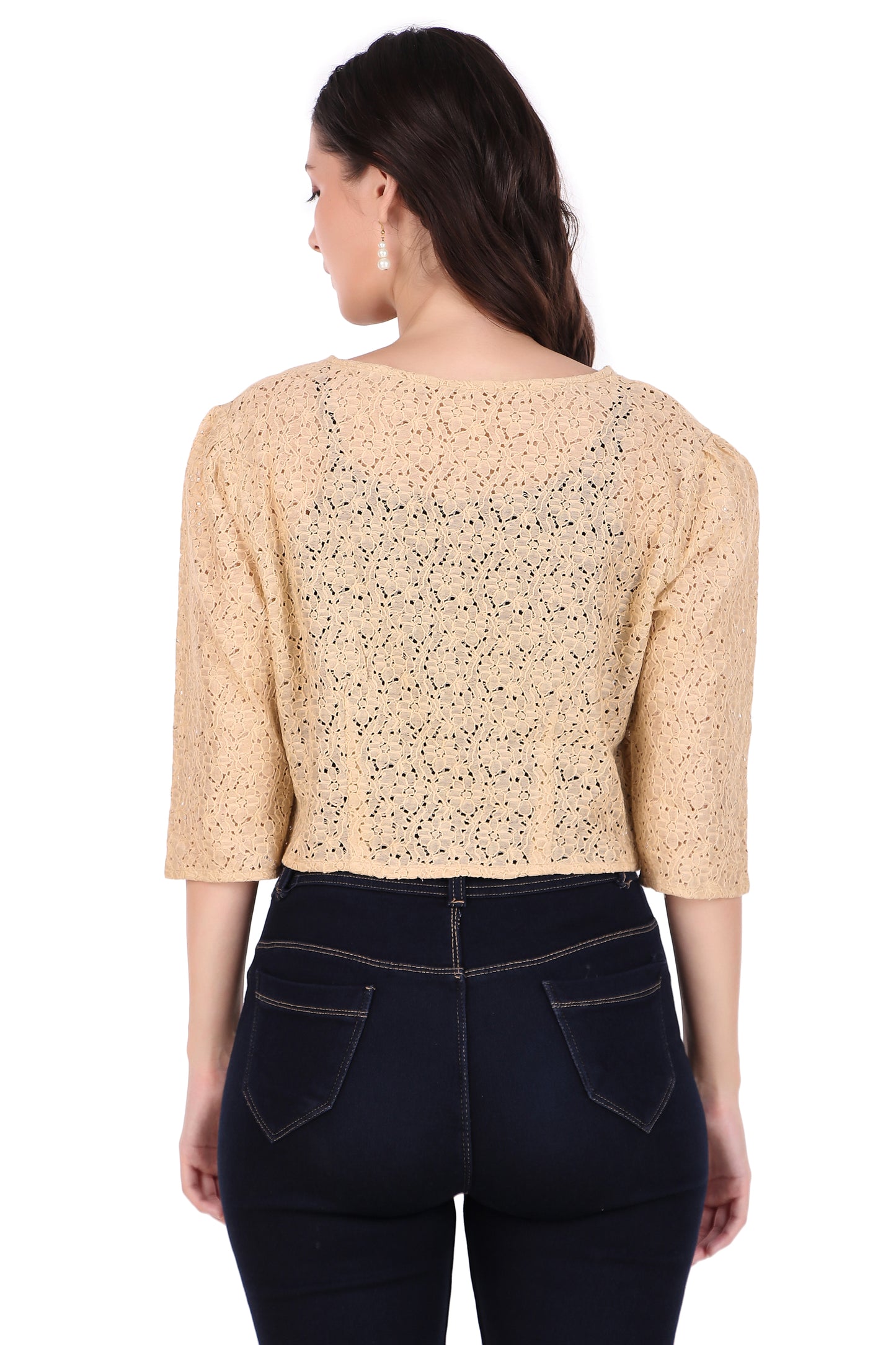 BoheeWohee Women's Cotton Lace Shrug with 3/4 Puffy Sleeves-Almond