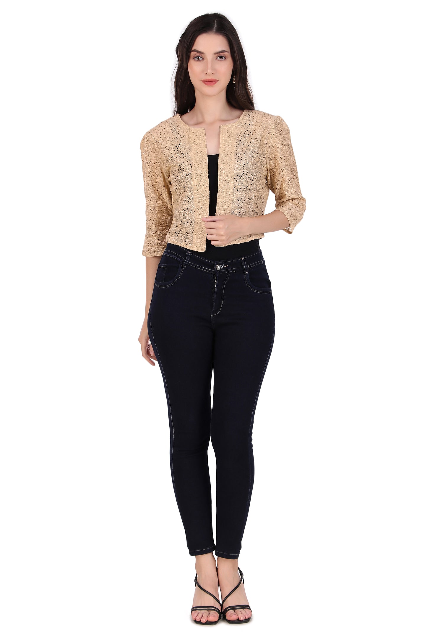 BoheeWohee Women's Cotton Lace Shrug with 3/4 Puffy Sleeves-Almond