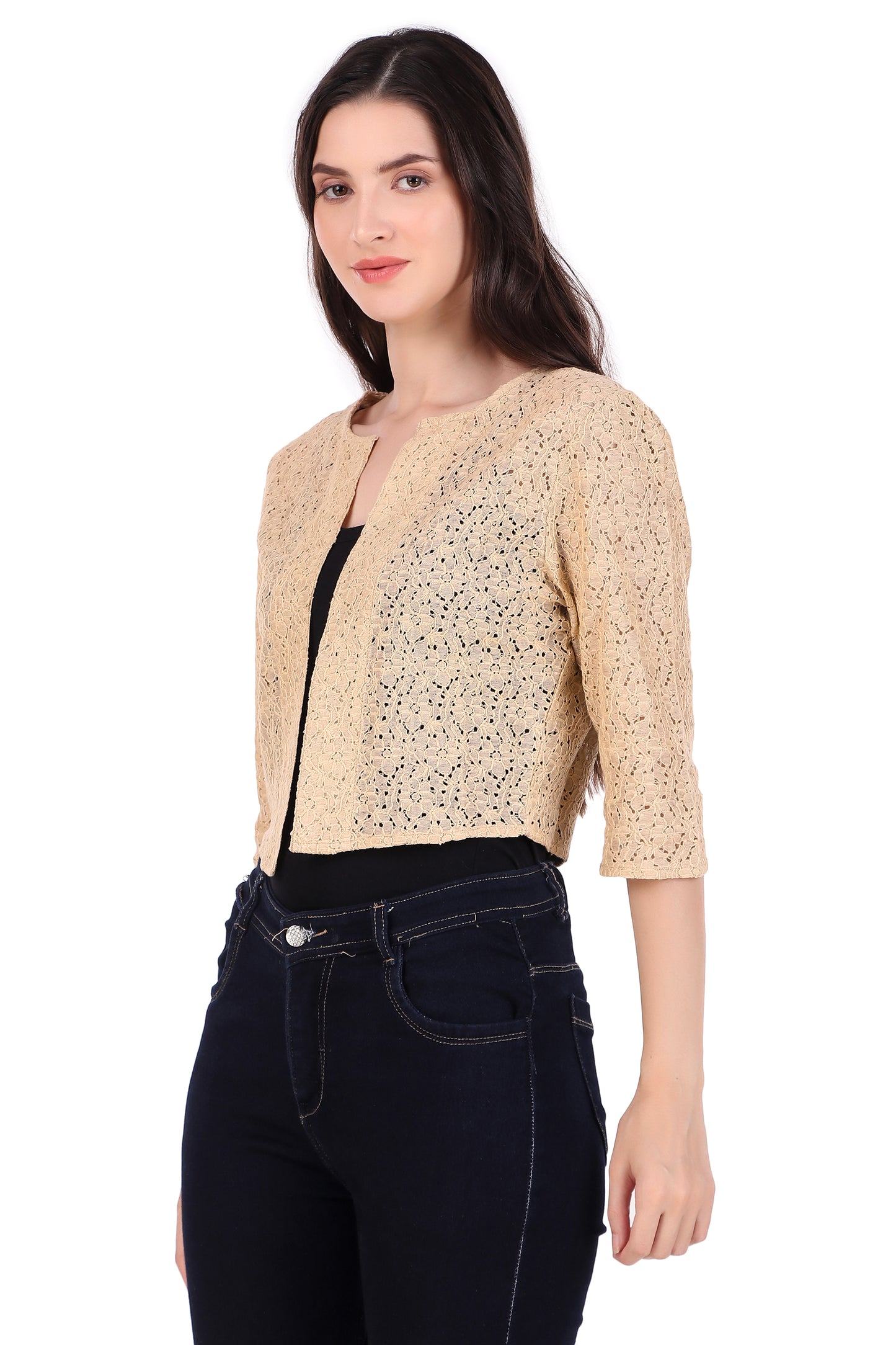 BoheeWohee Women's Cotton Lace Shrug with 3/4 Puffy Sleeves-Almond
