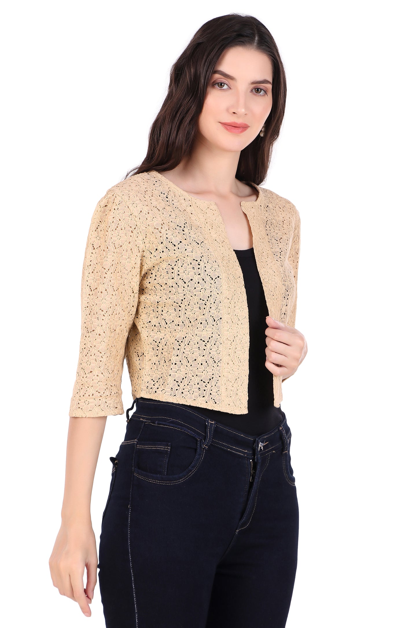 BoheeWohee Women's Cotton Lace Shrug with 3/4 Puffy Sleeves-Almond