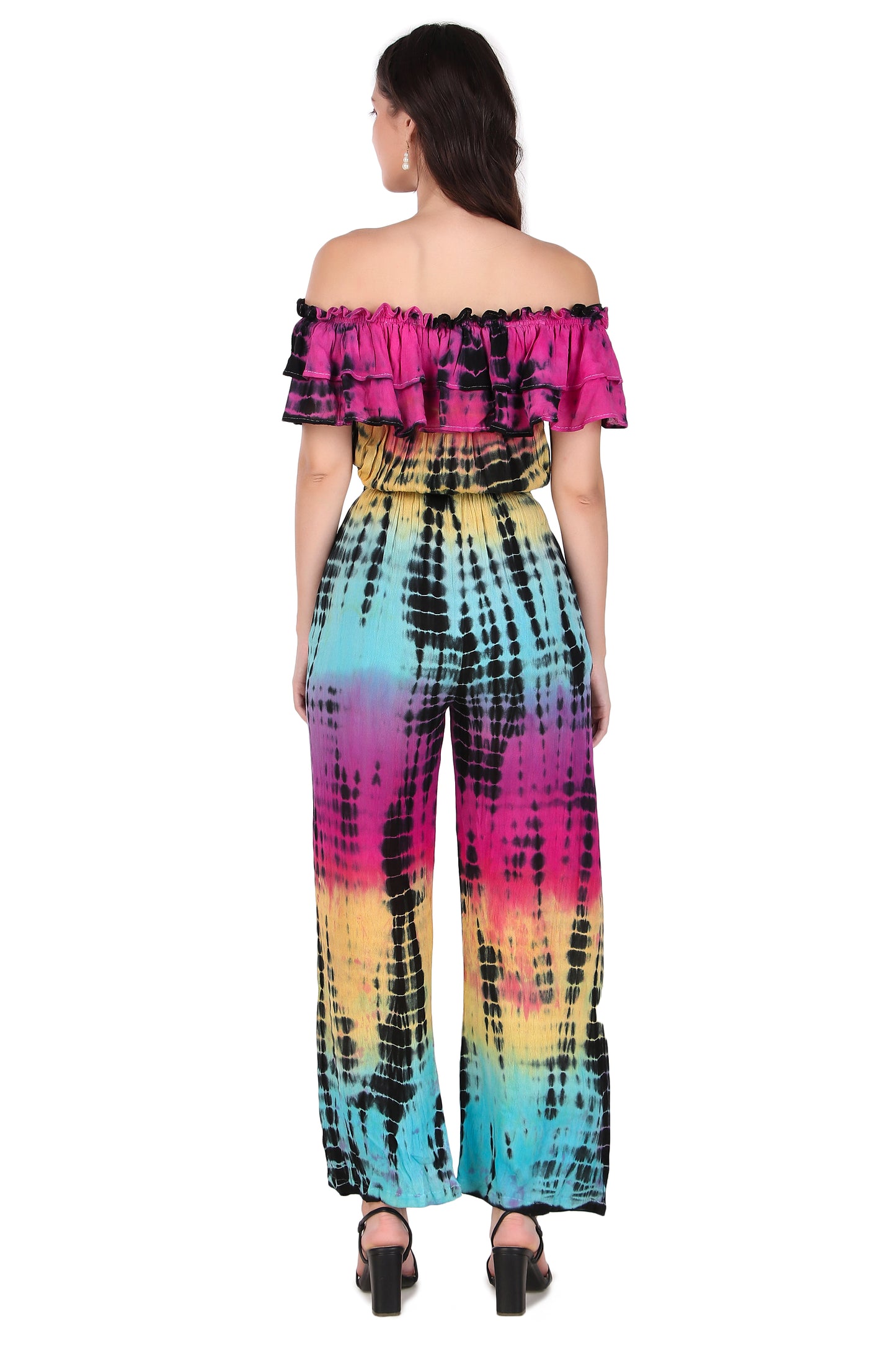 BoheeWohee Women's Off-Shoulder Jumpsuit with Double Frills and Pockets-TieDye