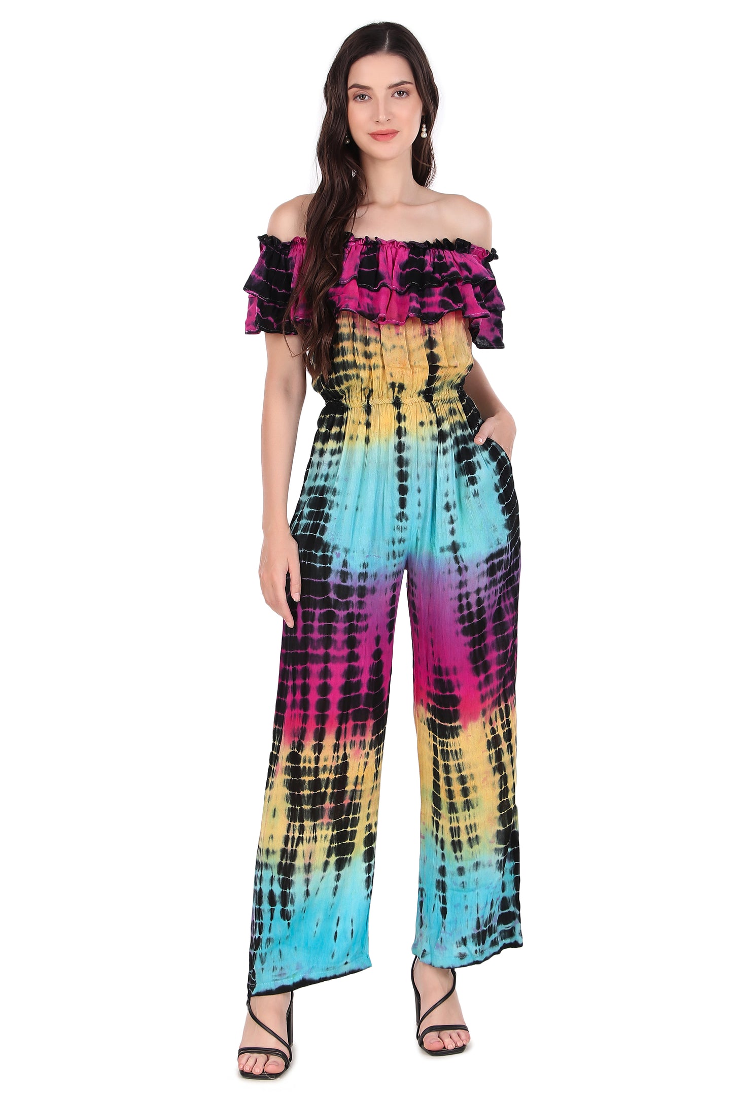 BoheeWohee Women's Off-Shoulder Jumpsuit with Double Frills and Pockets-TieDye