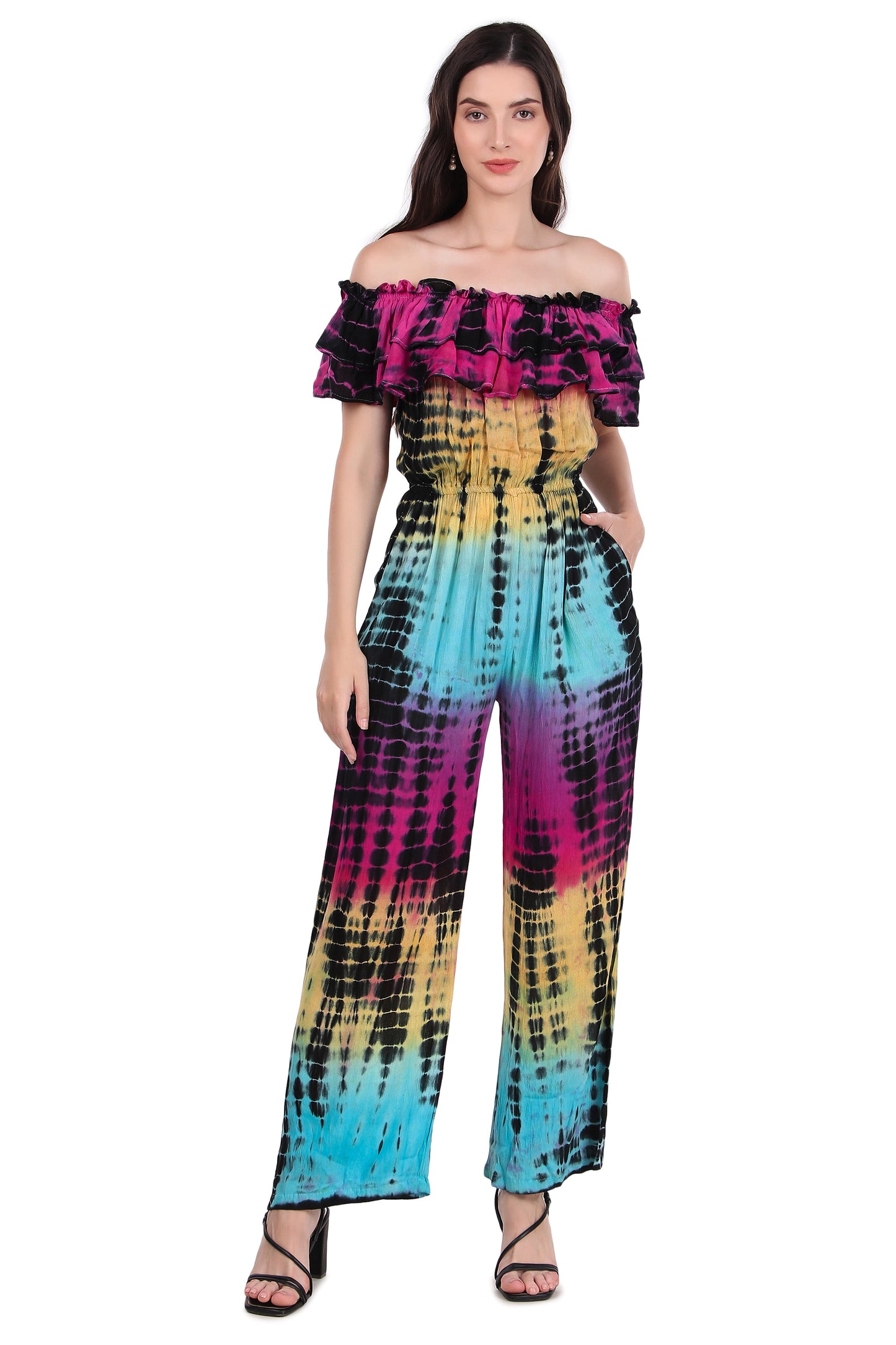 BoheeWohee Women's Off-Shoulder Jumpsuit with Double Frills and Pockets-TieDye