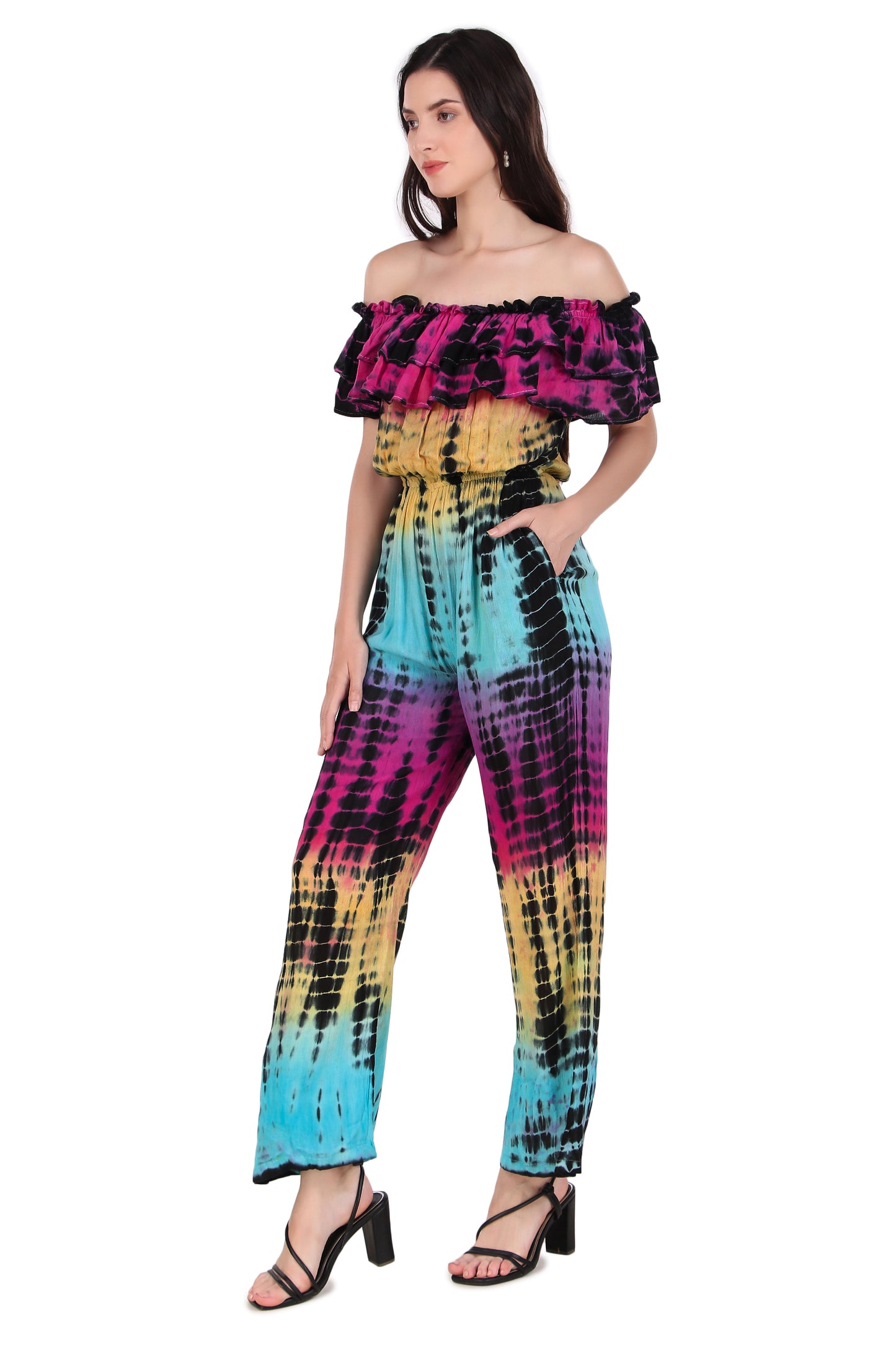 BoheeWohee Women's Off-Shoulder Jumpsuit with Double Frills and Pockets-TieDye