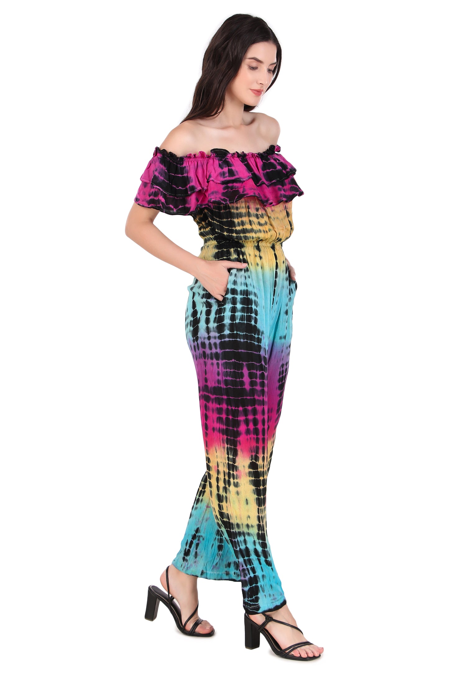 BoheeWohee Women's Off-Shoulder Jumpsuit with Double Frills and Pockets-TieDye