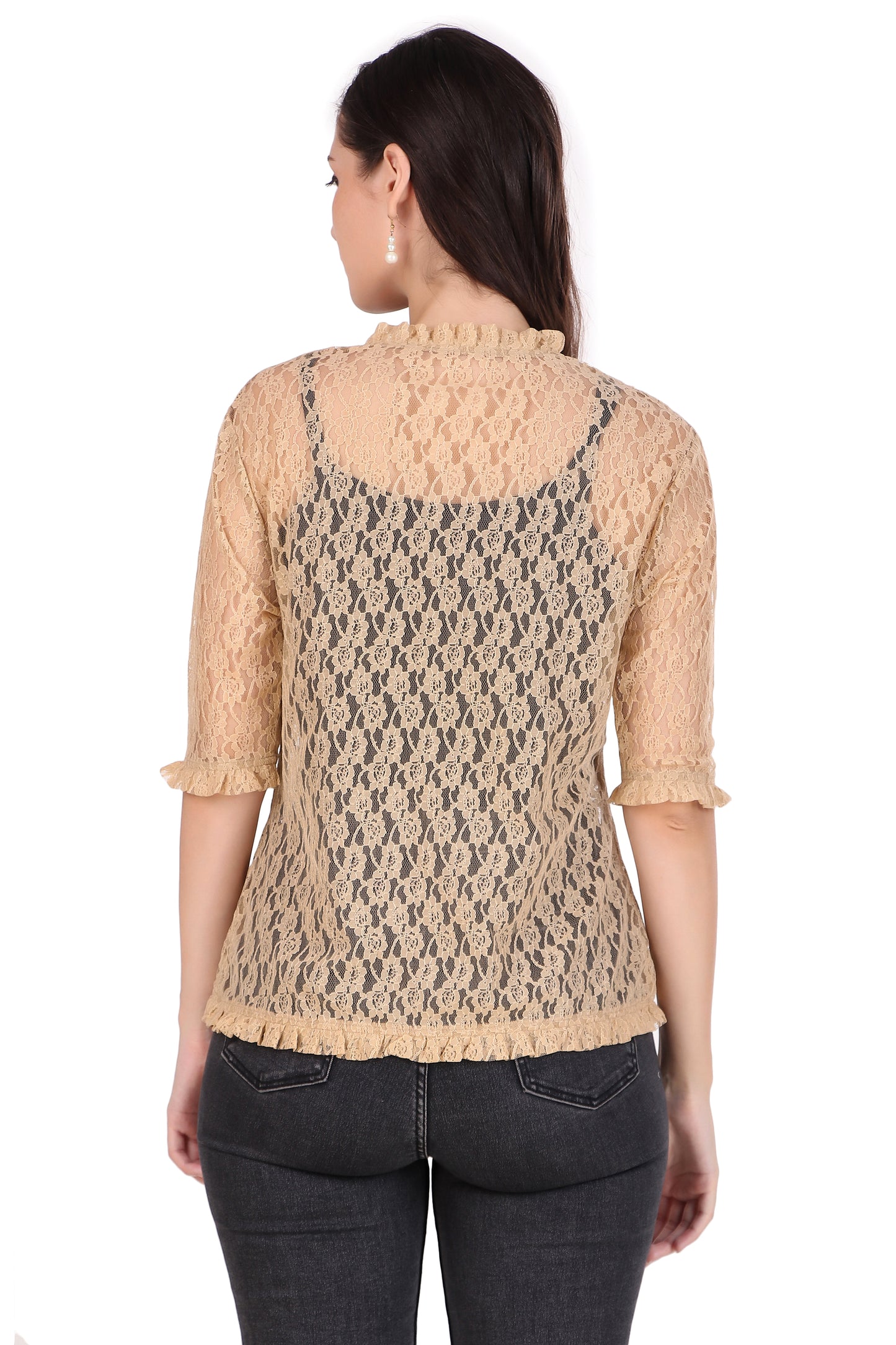 BoheeWohee Women's Floral Lace Shrug with Frill Accents - Almond