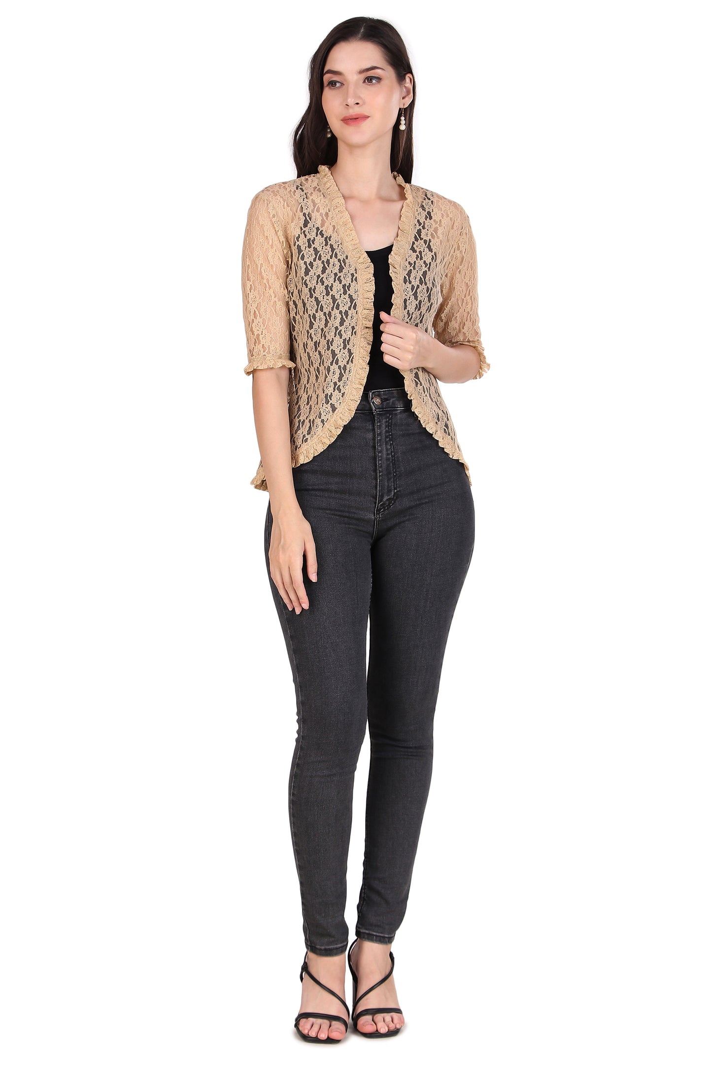 BoheeWohee Women's Floral Lace Shrug with Frill Accents - Almond