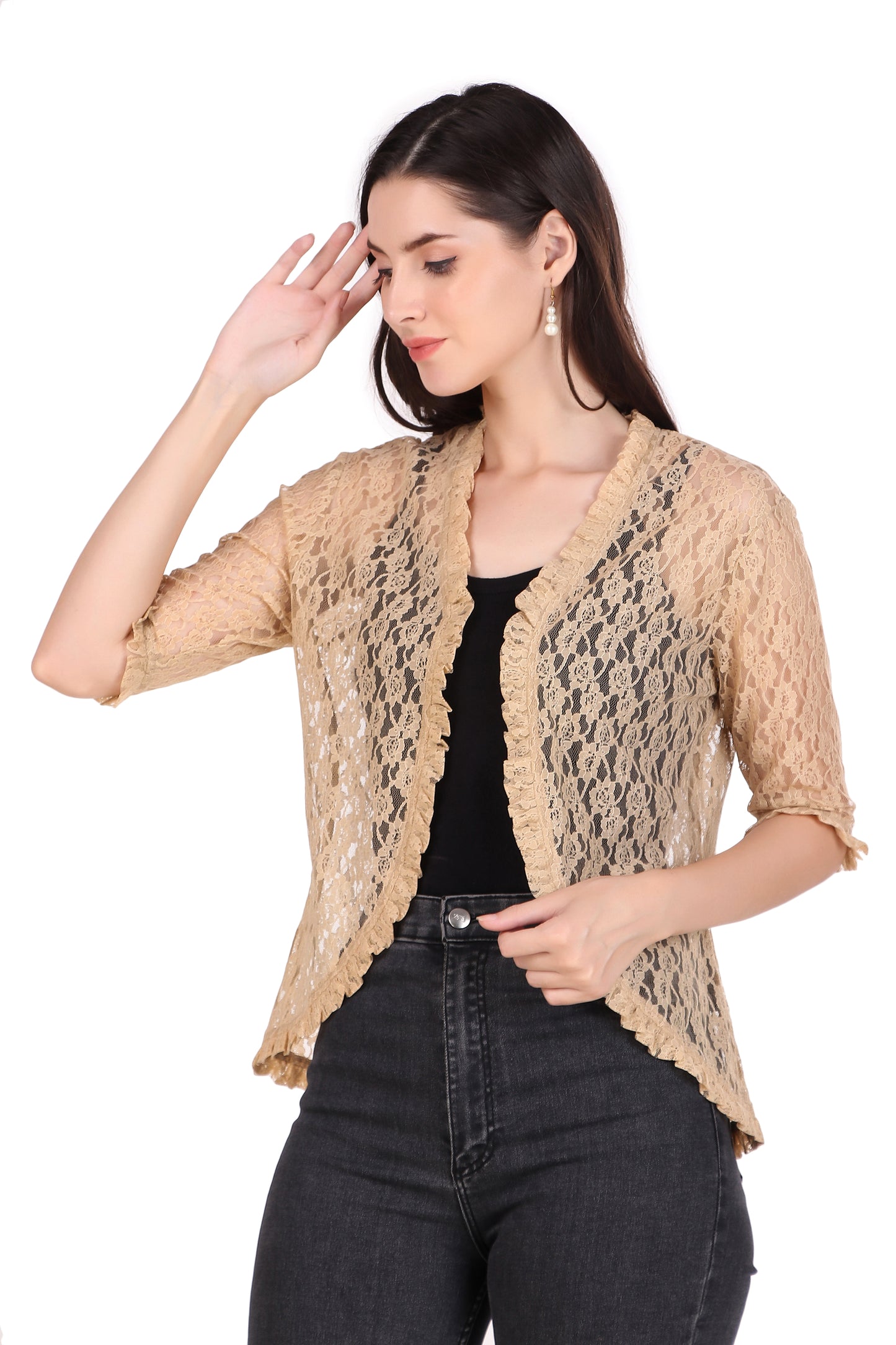BoheeWohee Women's Floral Lace Shrug with Frill Accents - Almond