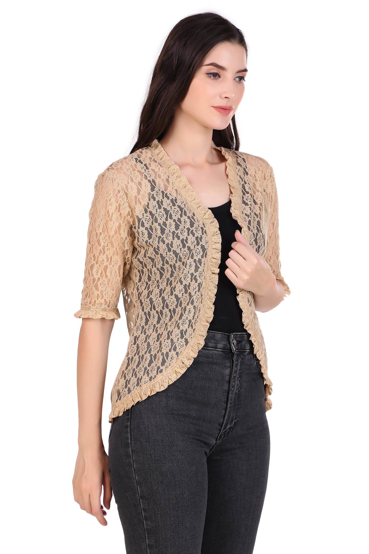 BoheeWohee Women's Floral Lace Shrug with Frill Accents - Almond