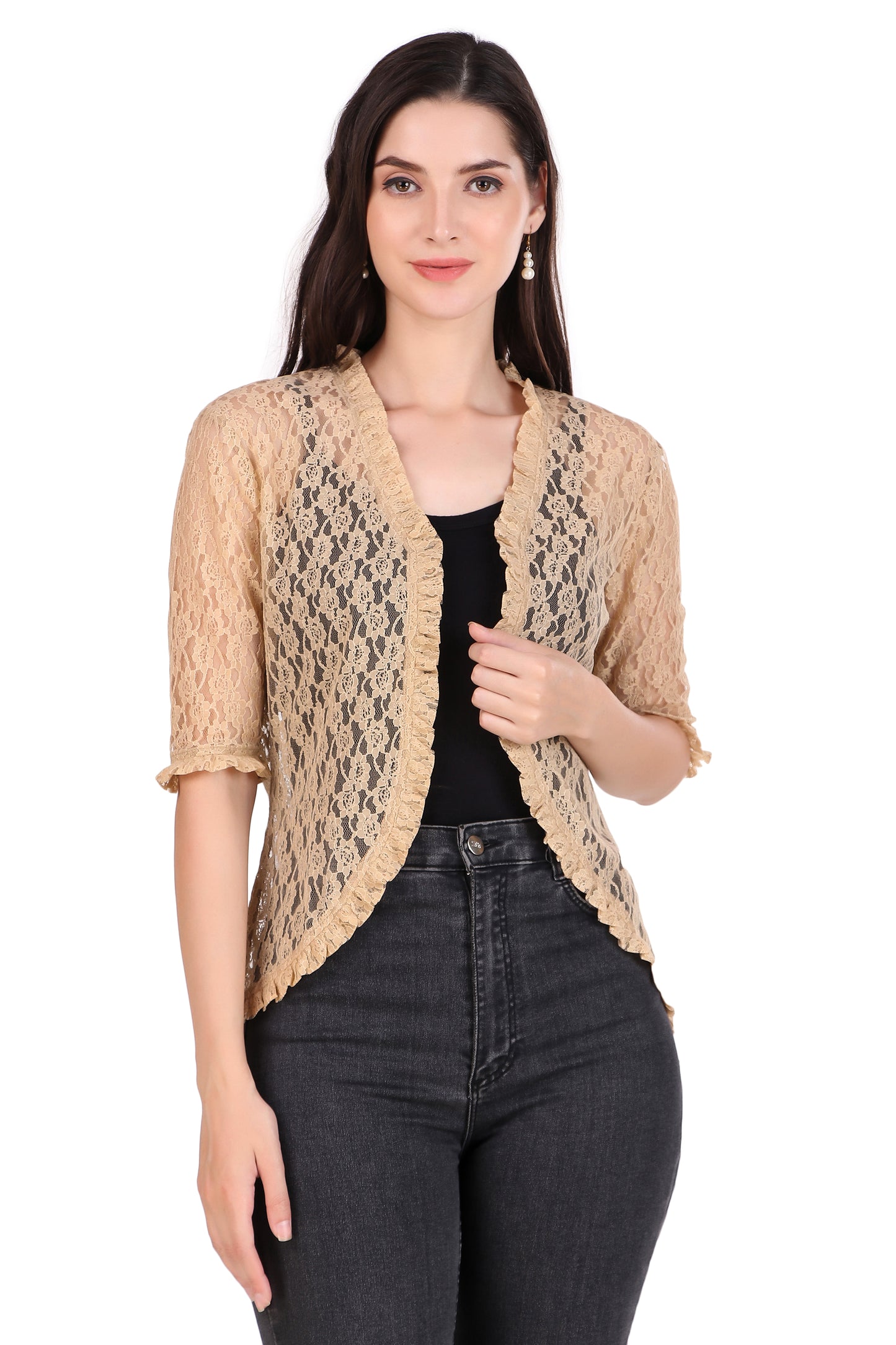 BoheeWohee Women's Floral Lace Shrug with Frill Accents - Almond
