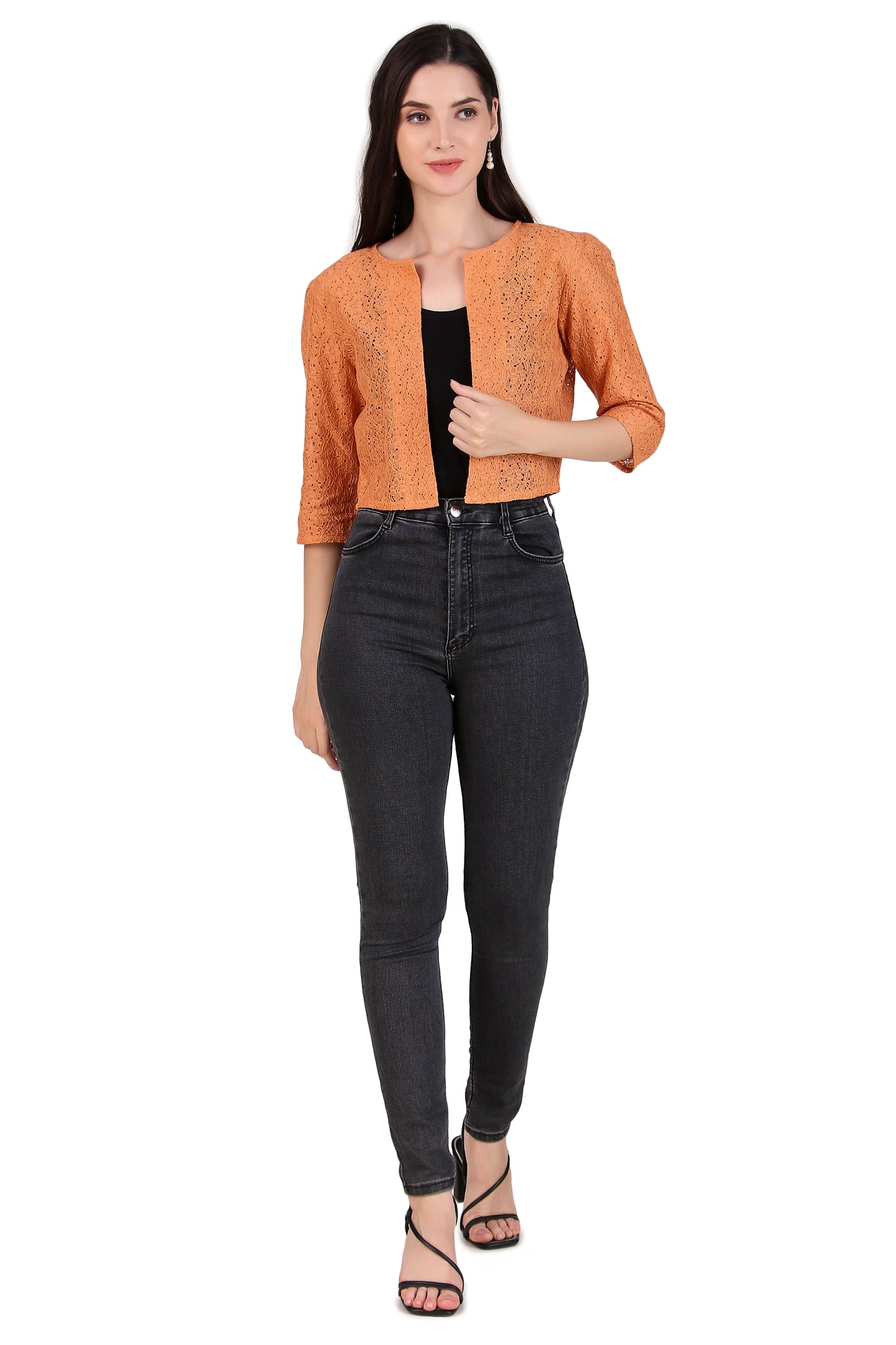 BoheeWohee Women's Cotton Lace Shrug with 3/4 Puffy Sleeves-Orange