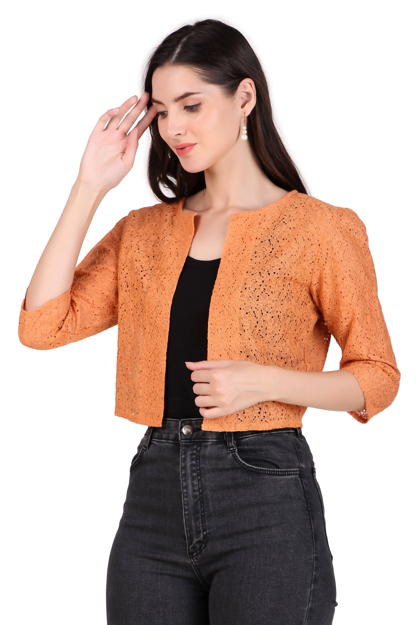 BoheeWohee Women's Cotton Lace Shrug with 3/4 Puffy Sleeves-Orange