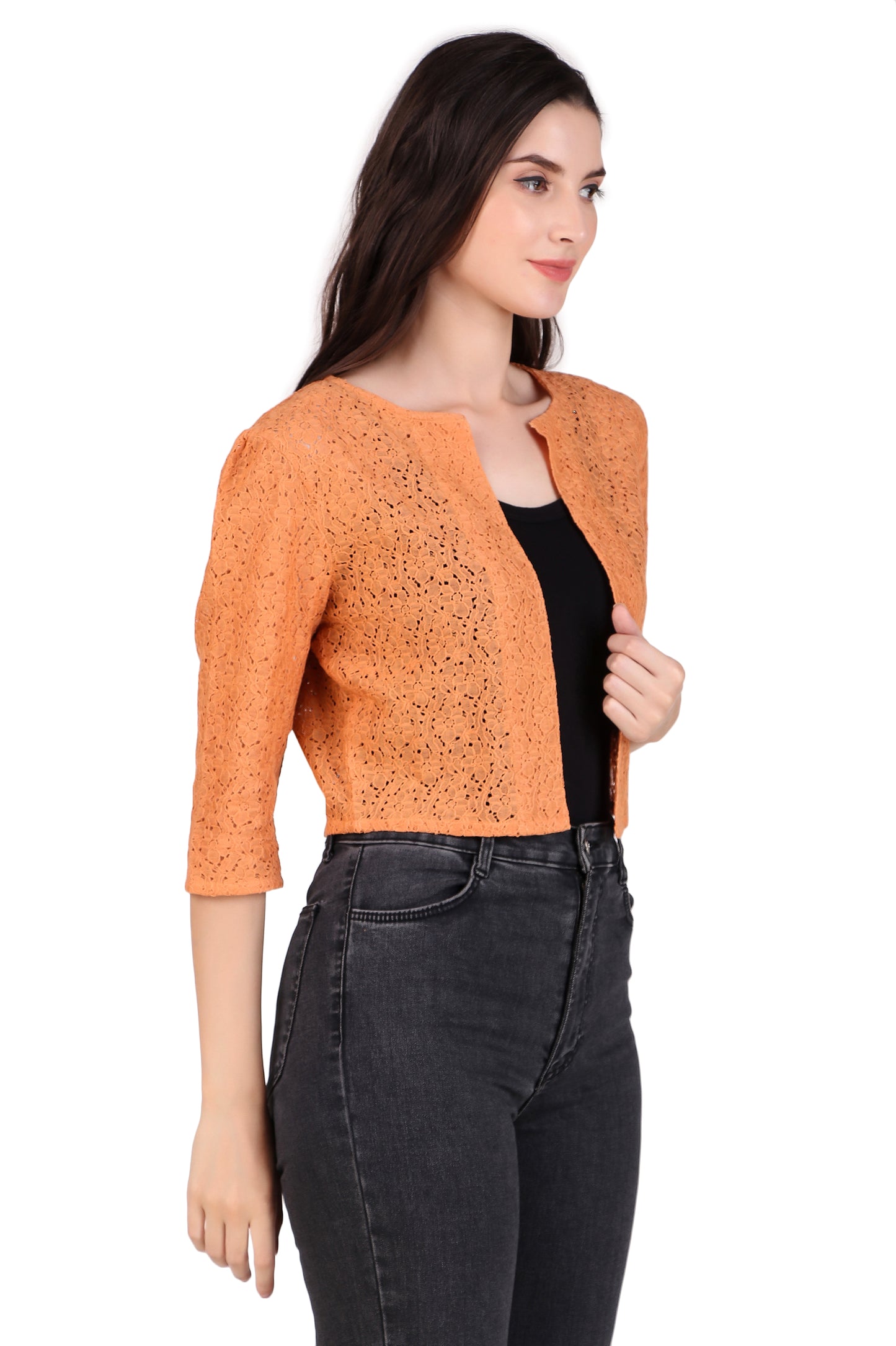 BoheeWohee Women's Cotton Lace Shrug with 3/4 Puffy Sleeves-Orange