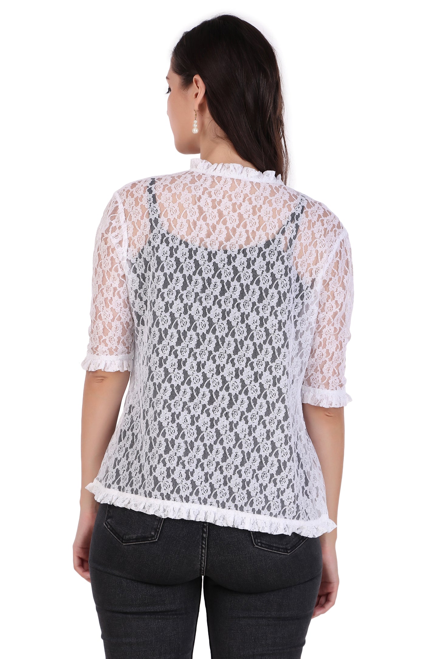 BoheeWohee Women's Floral Lace Shrug with Frill Accents -White