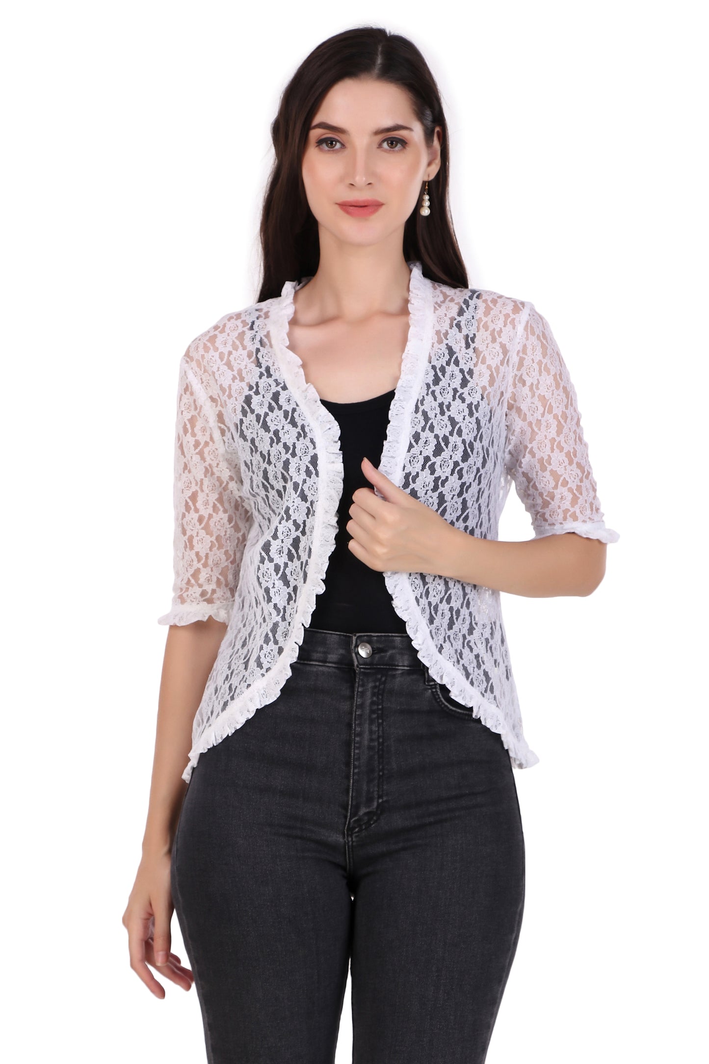 BoheeWohee Women's Floral Lace Shrug with Frill Accents -White