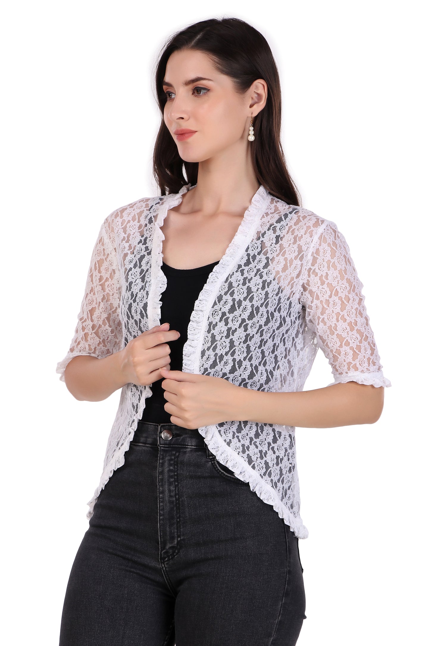 BoheeWohee Women's Floral Lace Shrug with Frill Accents -White