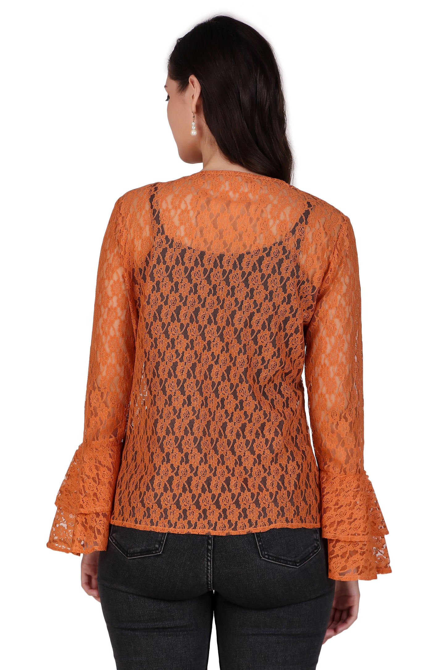 BoheeWohee Women's Floral Self Design Lace Shrug with Double Bell Sleeves-Orange