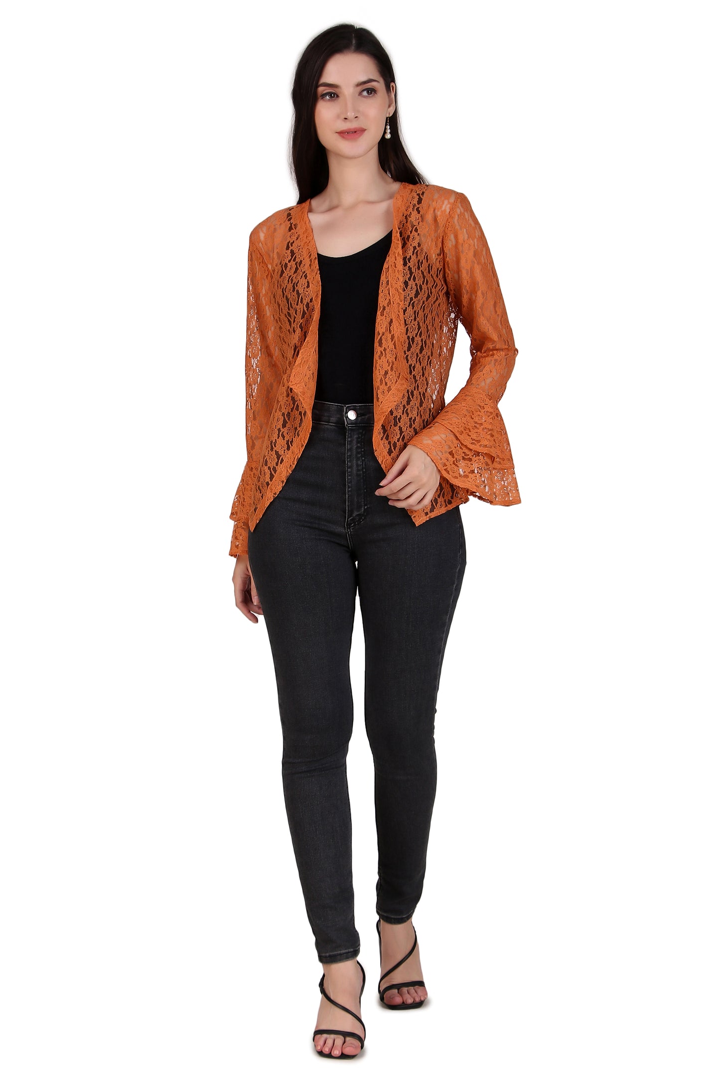 BoheeWohee Women's Floral Self Design Lace Shrug with Double Bell Sleeves-Orange