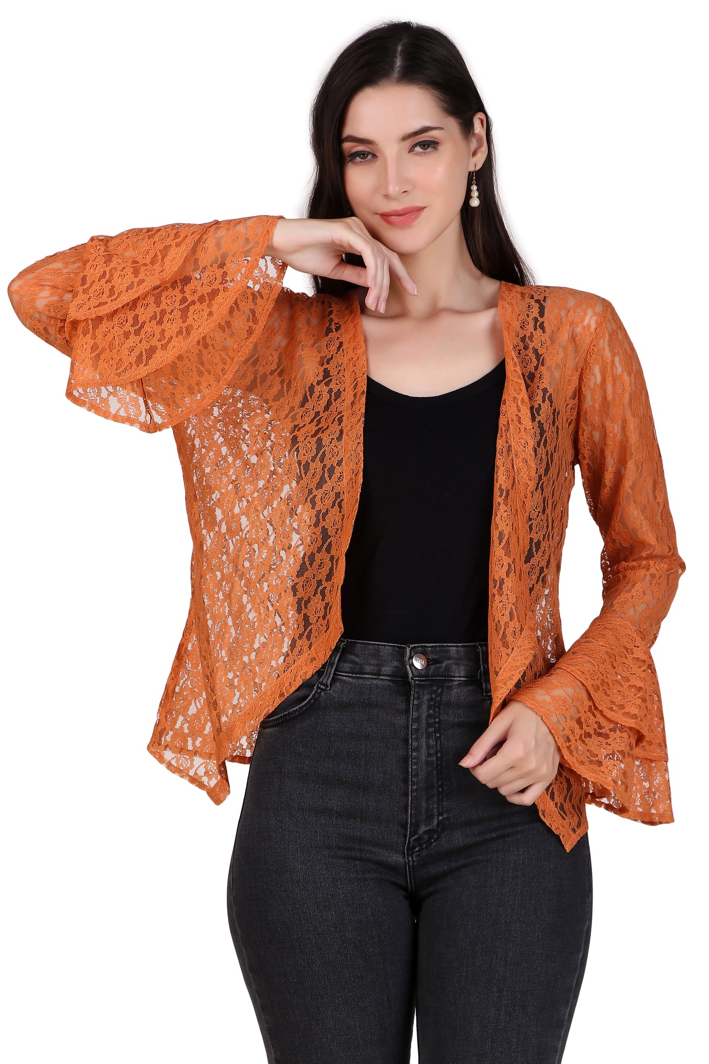 BoheeWohee Women's Floral Self Design Lace Shrug with Double Bell Sleeves-Orange
