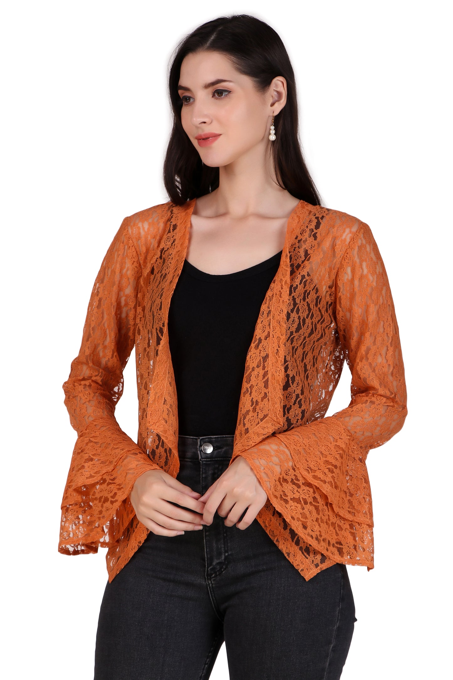 BoheeWohee Women's Floral Self Design Lace Shrug with Double Bell Sleeves-Orange