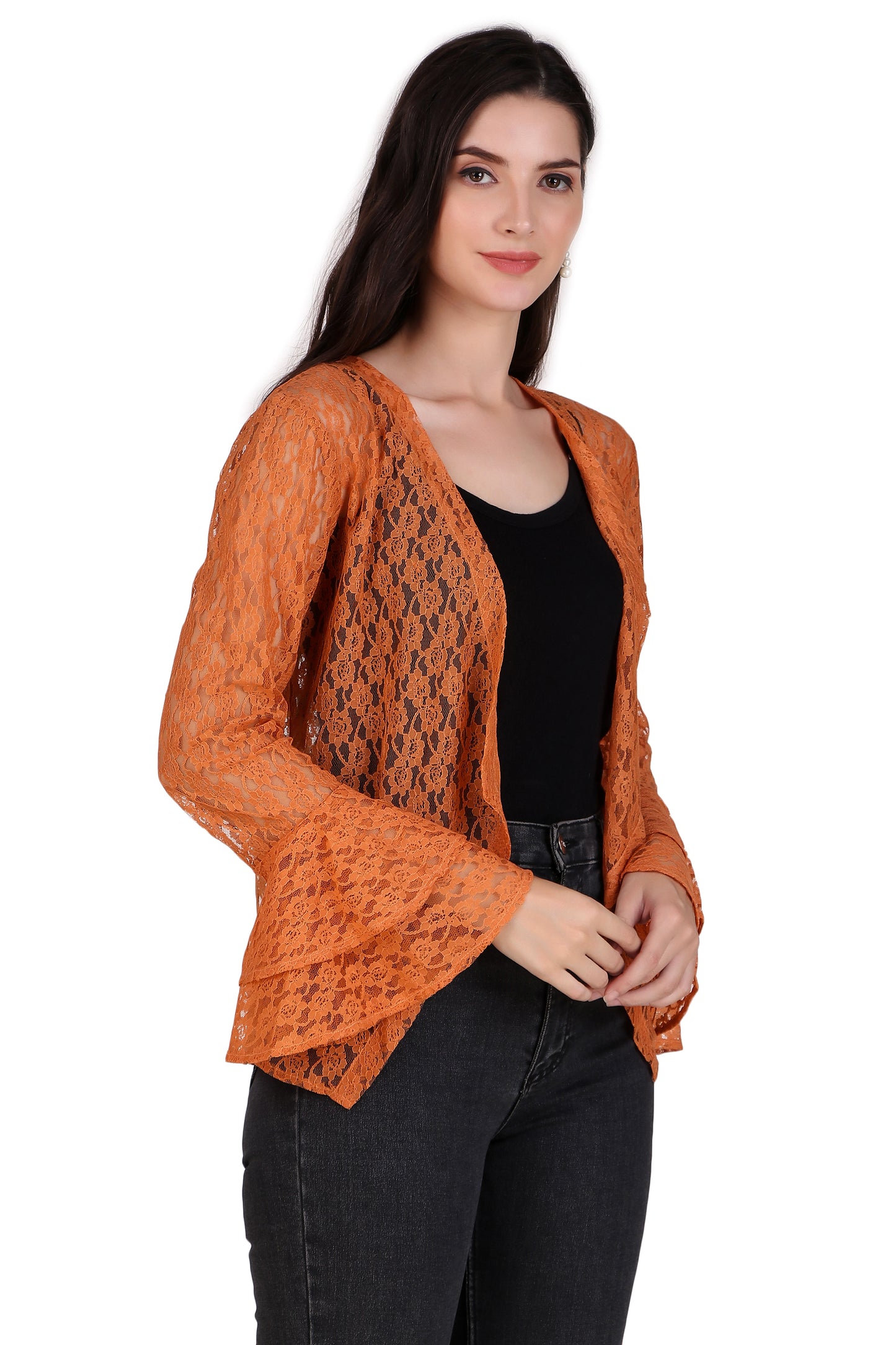 BoheeWohee Women's Floral Self Design Lace Shrug with Double Bell Sleeves-Orange