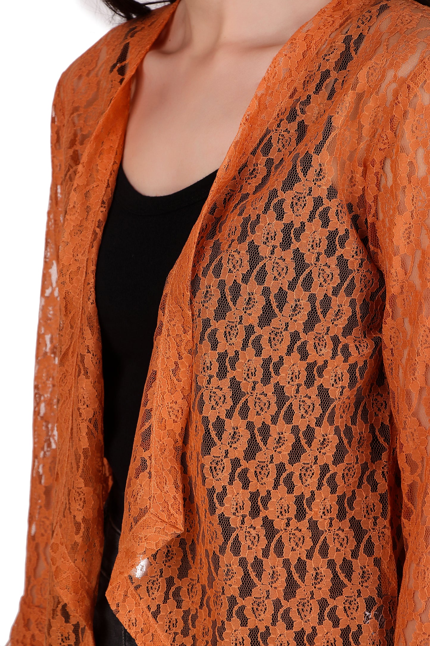 BoheeWohee Women's Floral Self Design Lace Shrug with Double Bell Sleeves-Orange