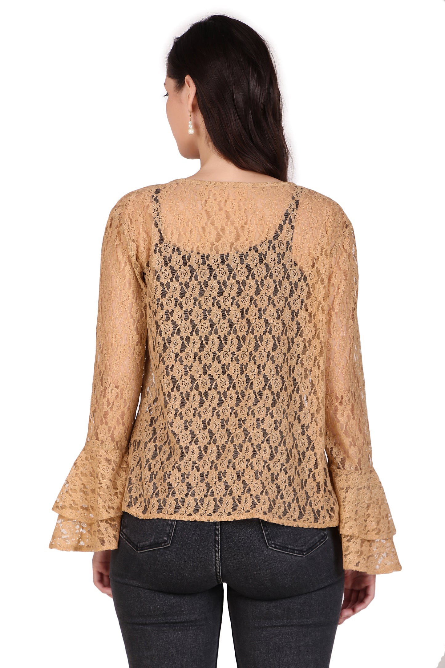 BoheeWohee Women's Floral Self Design Lace Shrug with Double Bell Sleeves- Almond