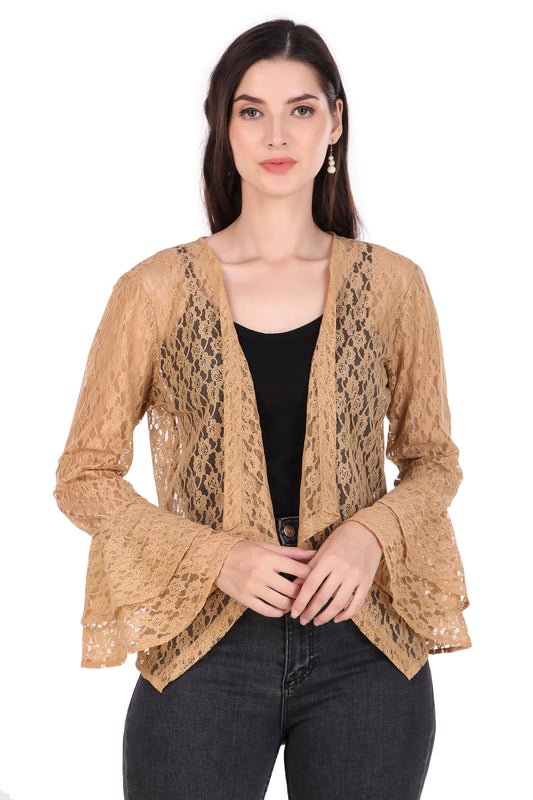 BoheeWohee Women's Floral Self Design Lace Shrug with Double Bell Sleeves- Almond