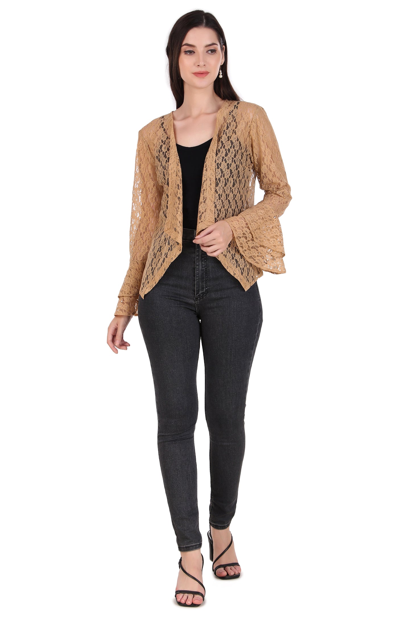 BoheeWohee Women's Floral Self Design Lace Shrug with Double Bell Sleeves- Almond