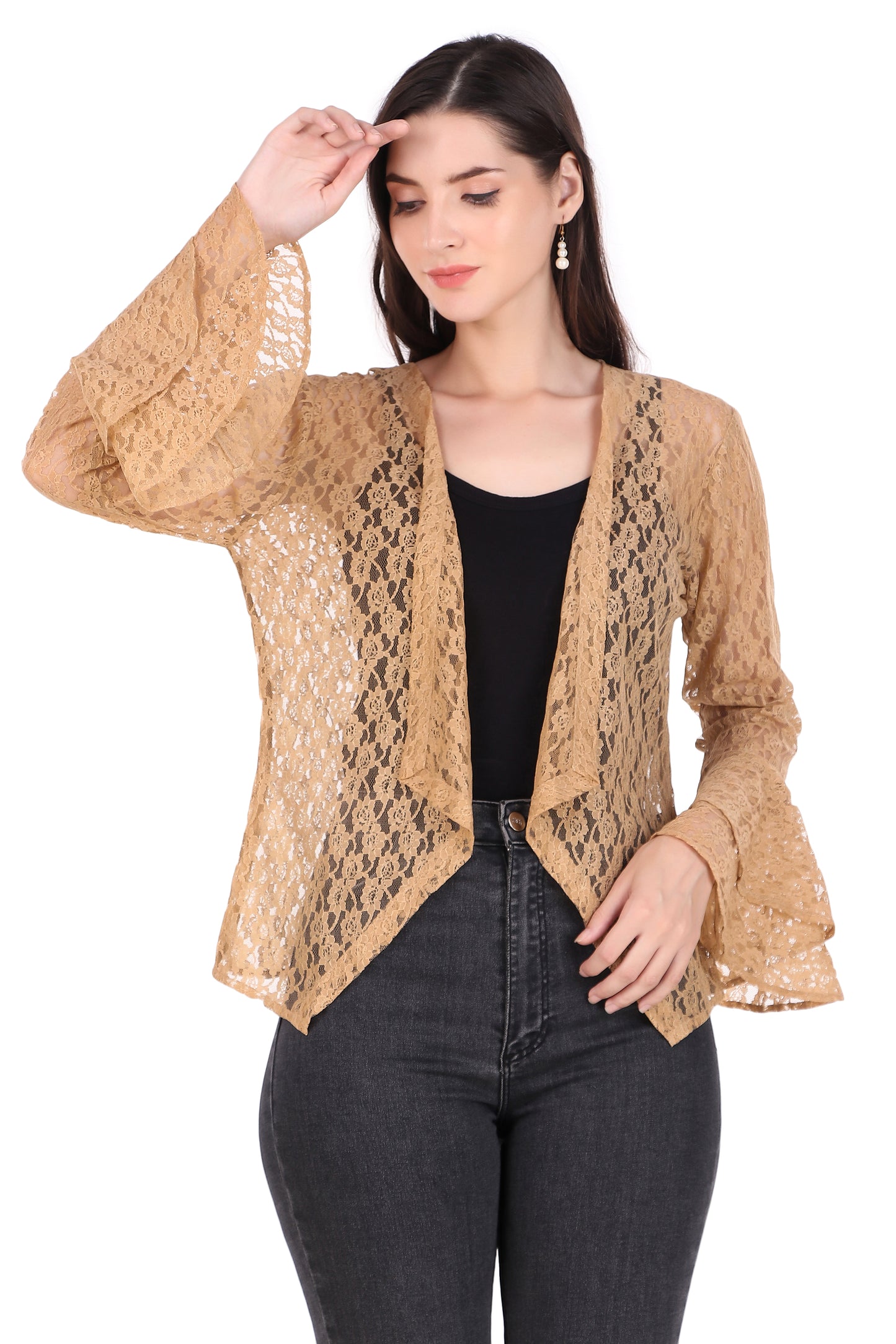 BoheeWohee Women's Floral Self Design Lace Shrug with Double Bell Sleeves- Almond
