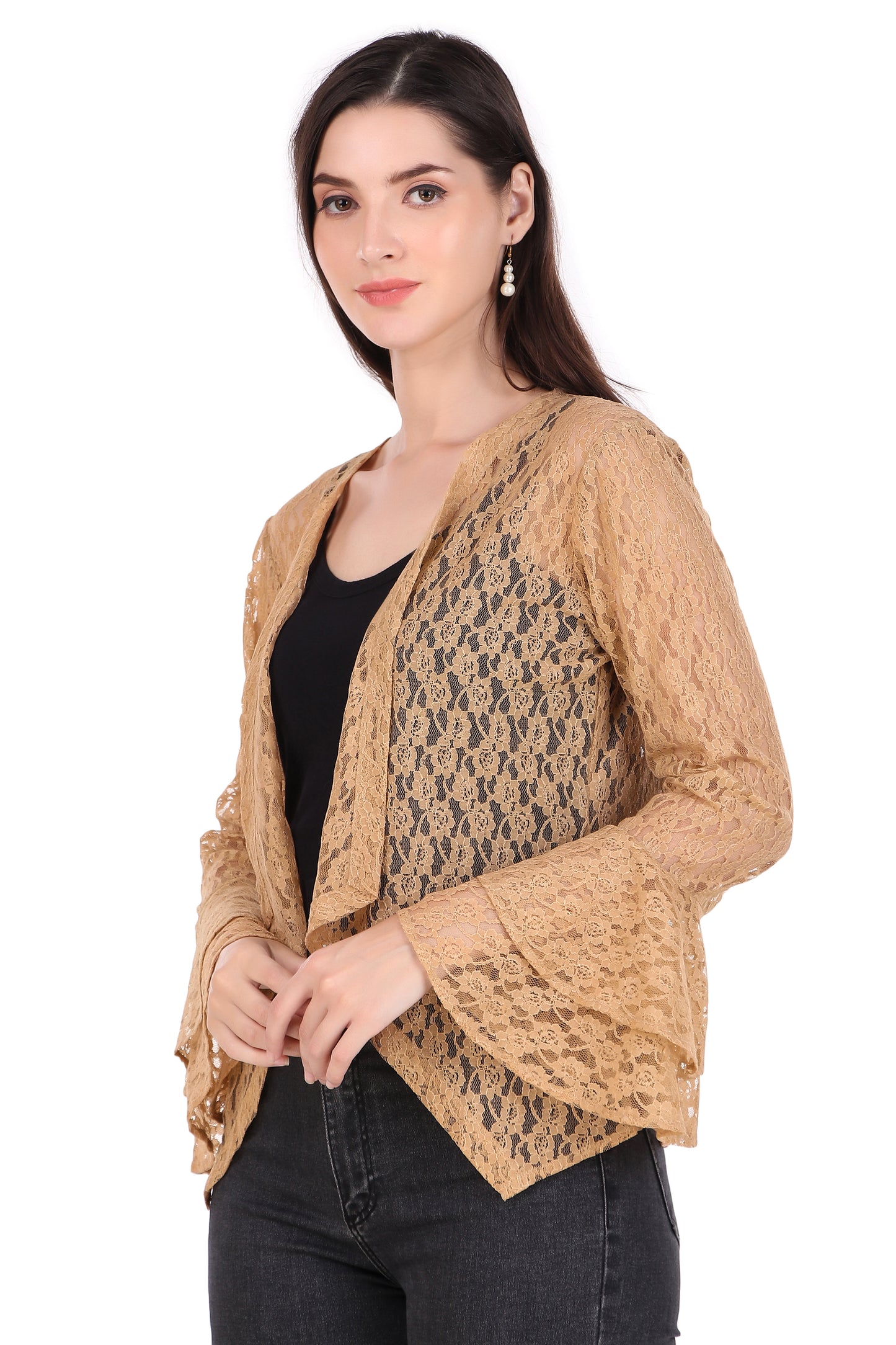 BoheeWohee Women's Floral Self Design Lace Shrug with Double Bell Sleeves- Almond