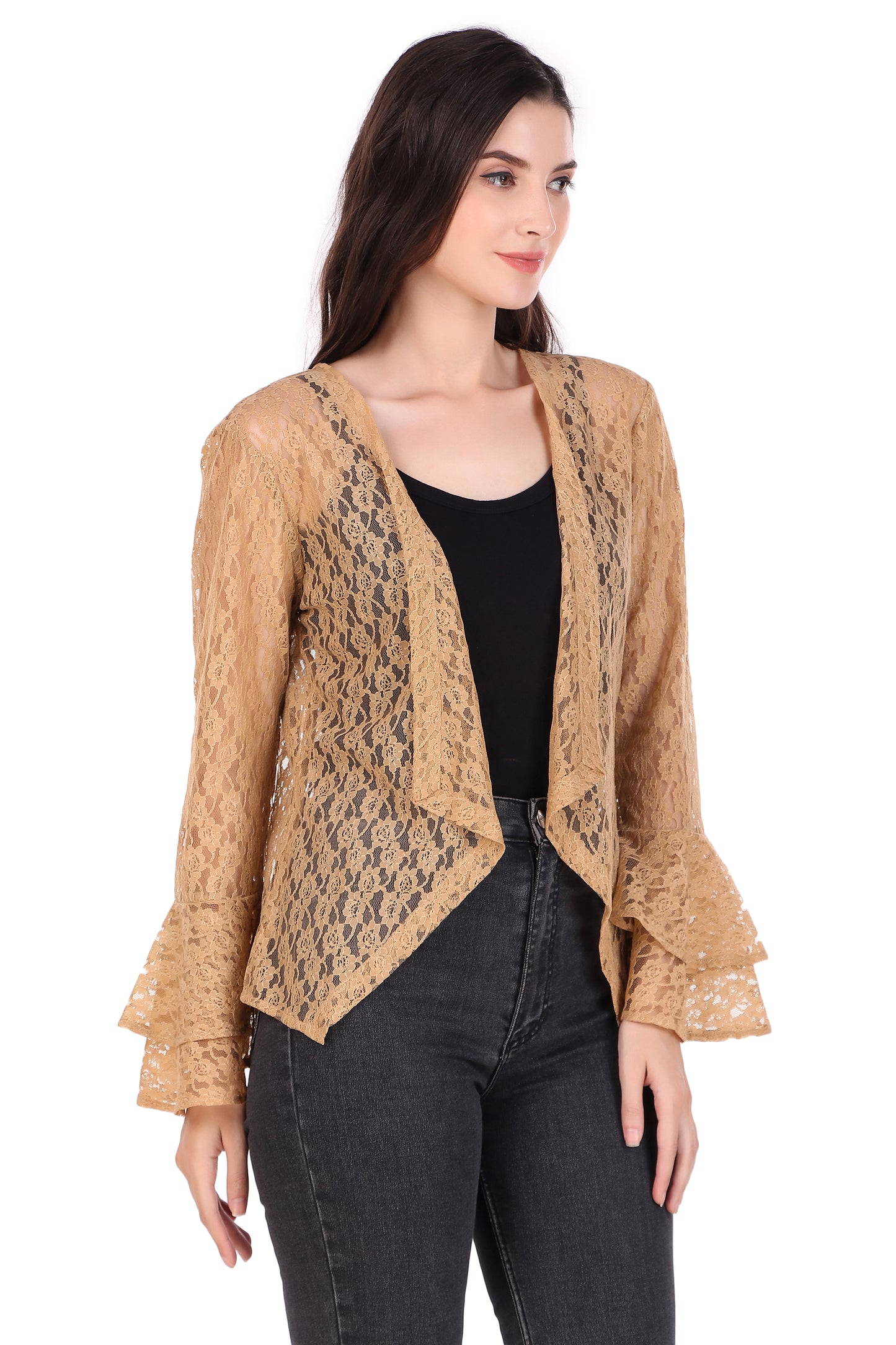 BoheeWohee Women's Floral Self Design Lace Shrug with Double Bell Sleeves- Almond
