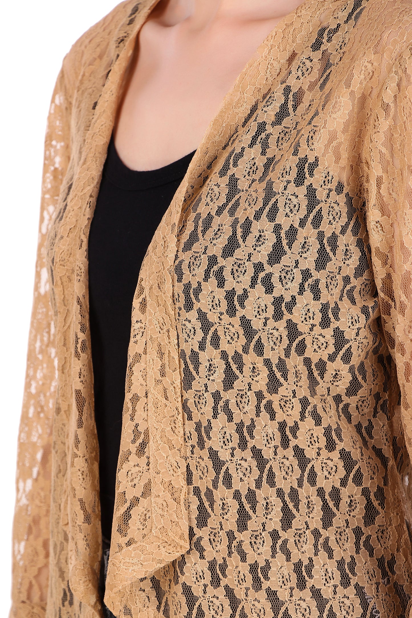 BoheeWohee Women's Floral Self Design Lace Shrug with Double Bell Sleeves- Almond