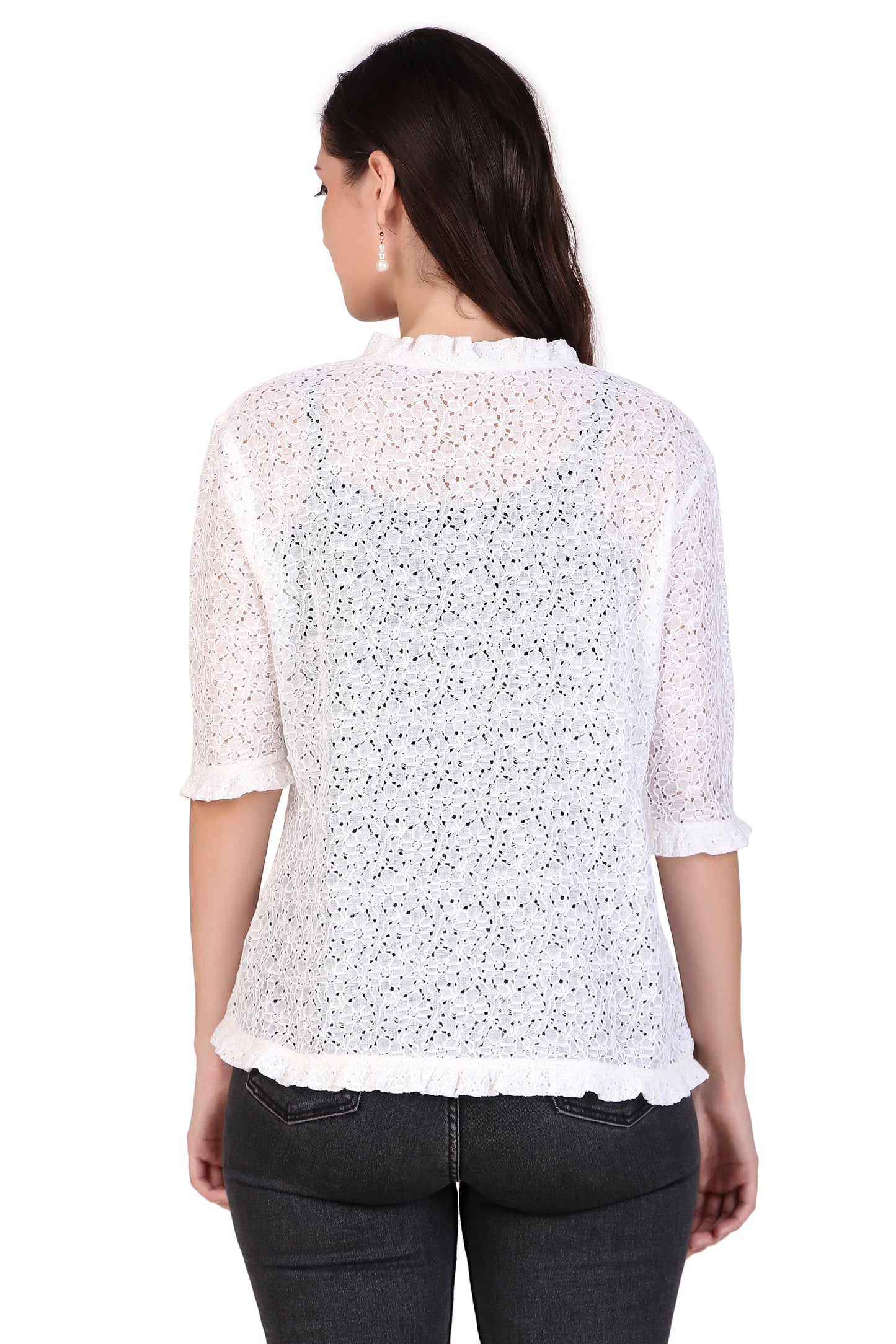BoheeWohee Women's Floral Lace Shrug with Frill Accents White cotton