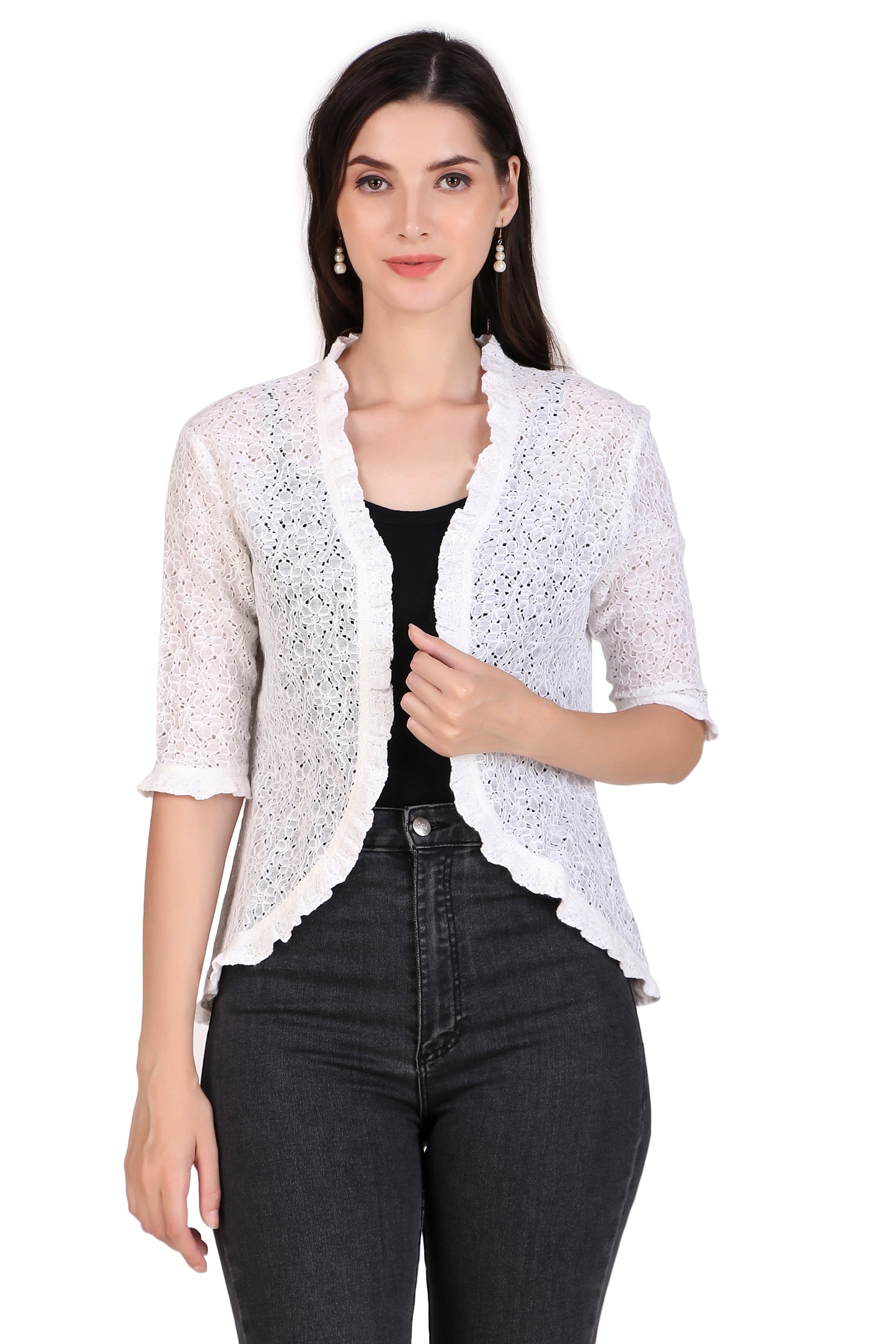 BoheeWohee Women's Floral Lace Shrug with Frill Accents White cotton