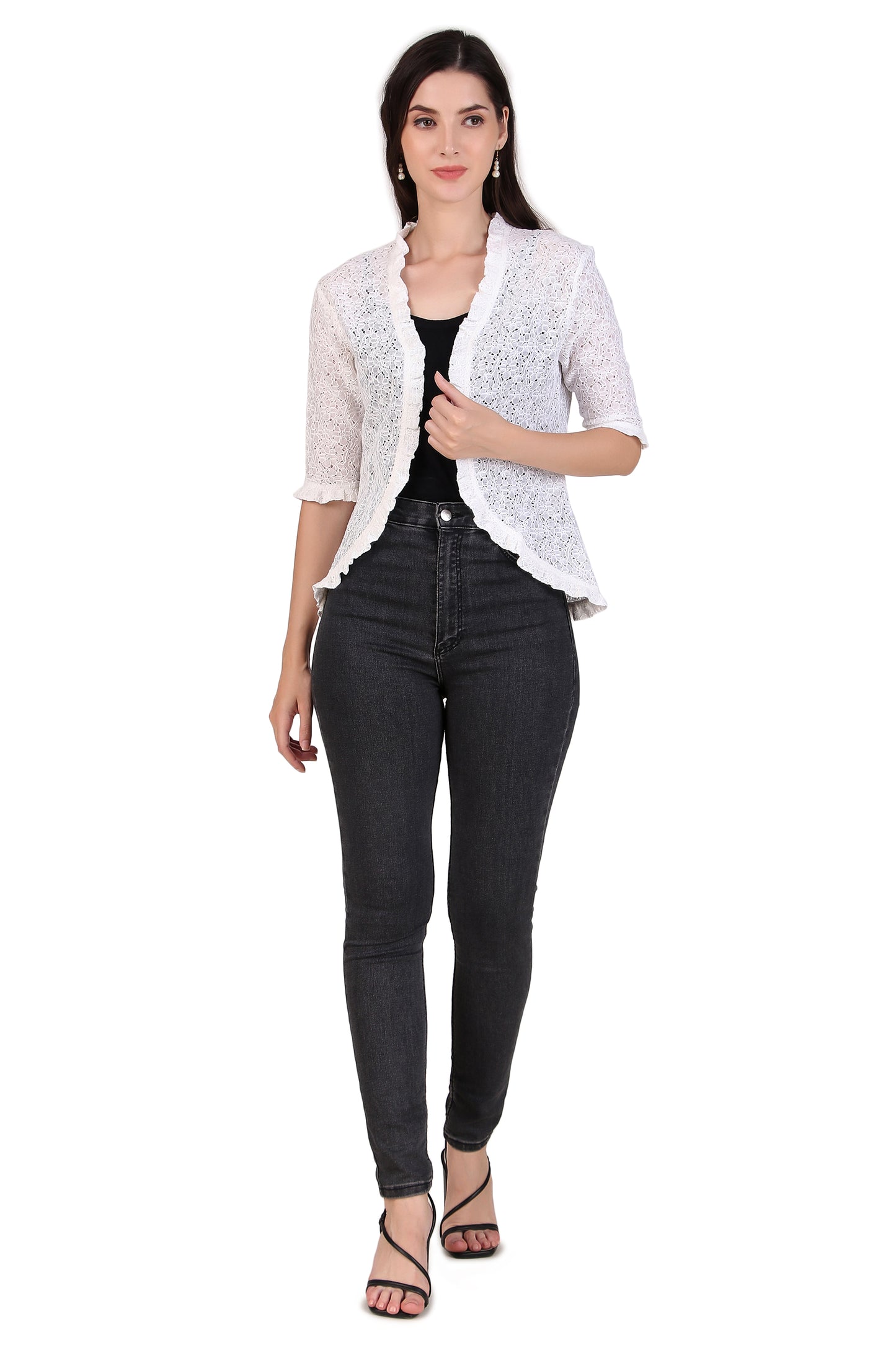 BoheeWohee Women's Floral Lace Shrug with Frill Accents White cotton