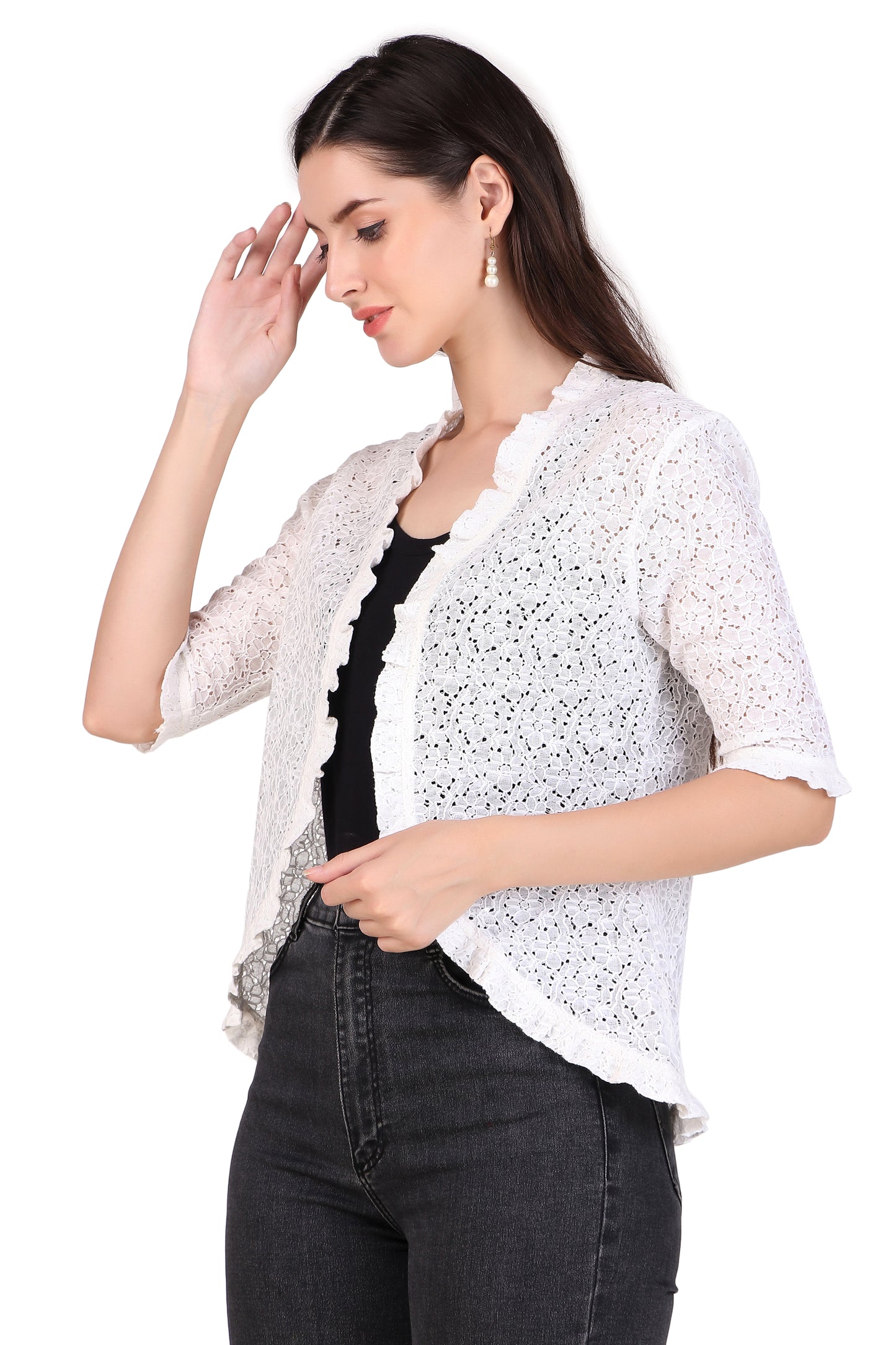 BoheeWohee Women's Floral Lace Shrug with Frill Accents White cotton