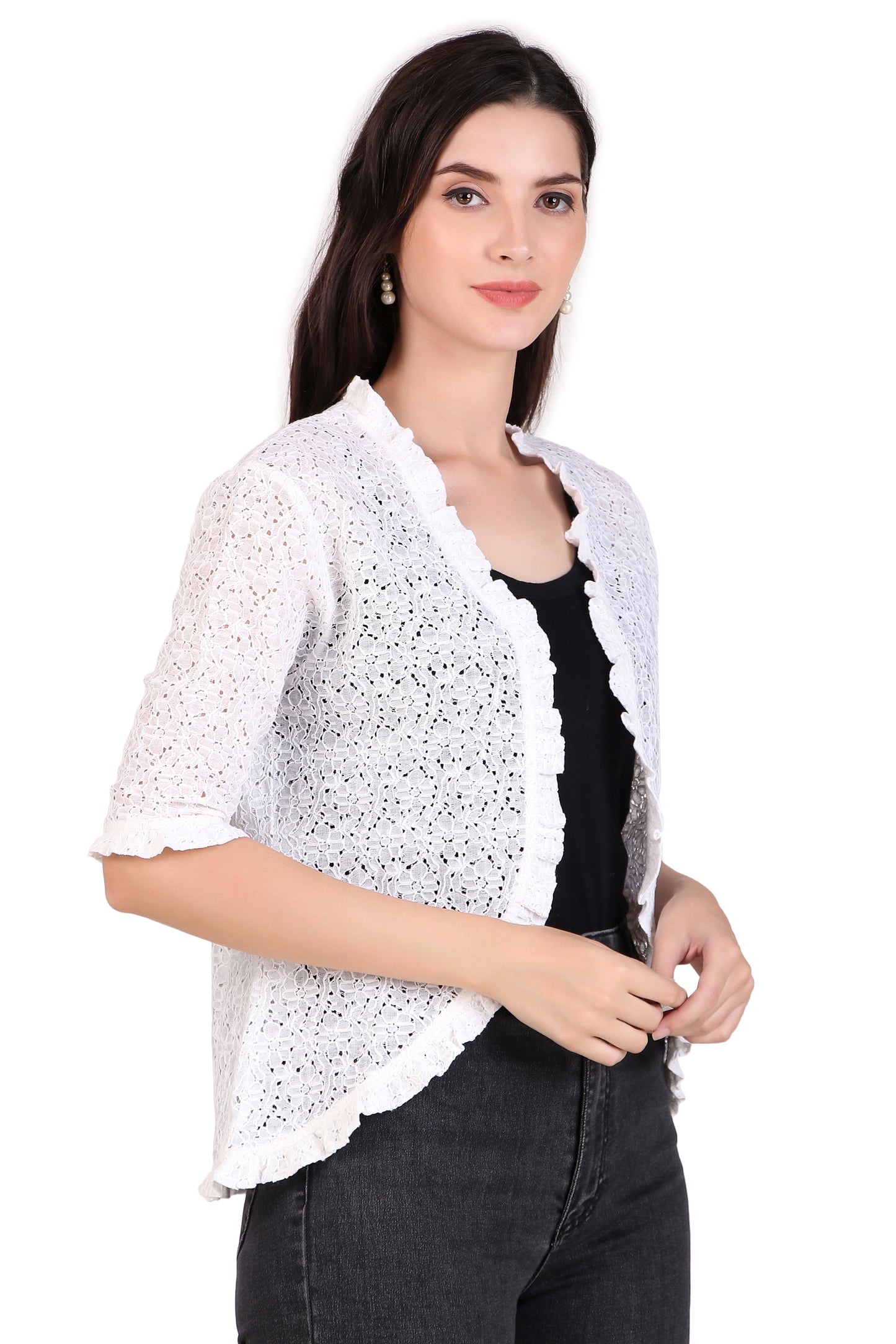 BoheeWohee Women's Floral Lace Shrug with Frill Accents White cotton