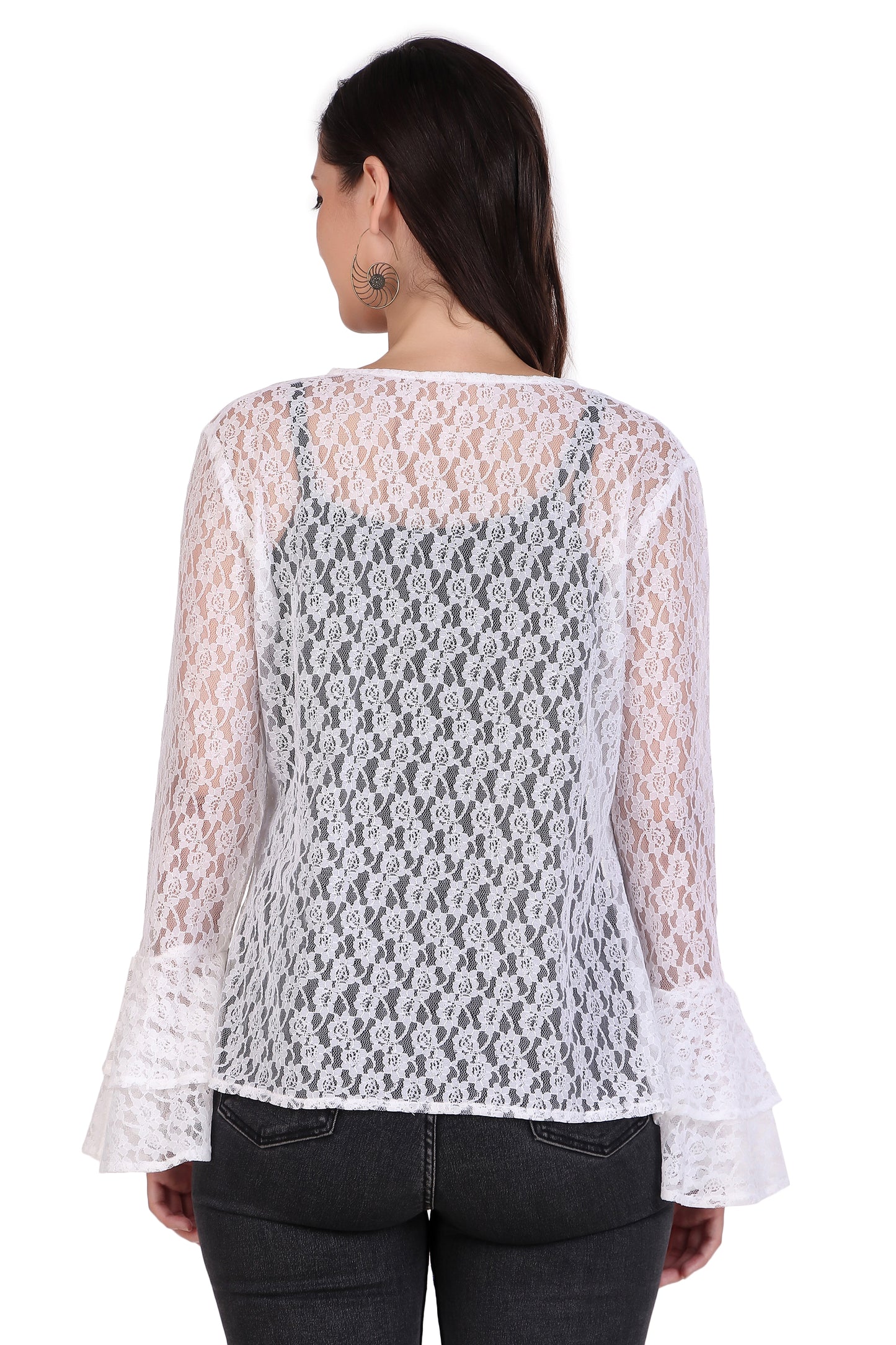 BoheeWohee Women's Floral Self Design Lace Shrug with Double Bell Sleeves-White