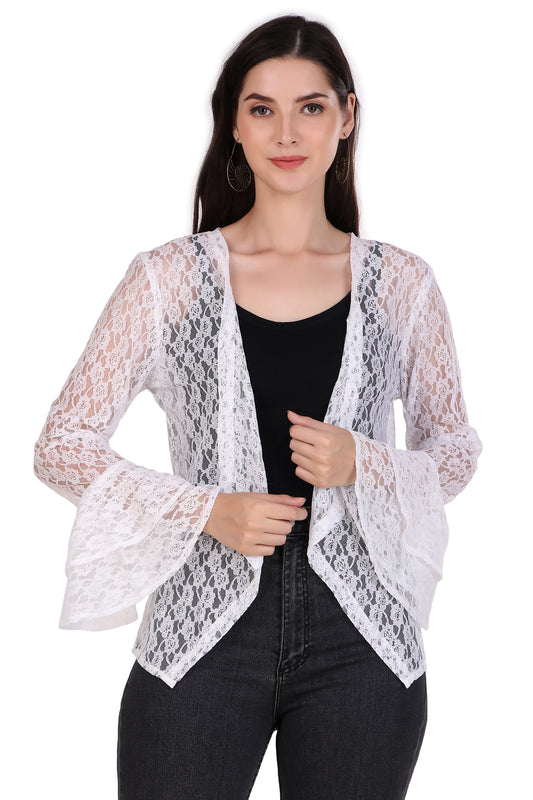 BoheeWohee Women's Floral Self Design Lace Shrug with Double Bell Sleeves-White