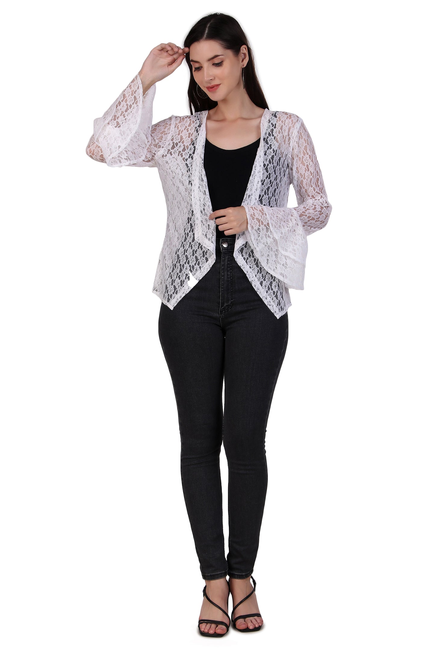 BoheeWohee Women's Floral Self Design Lace Shrug with Double Bell Sleeves-White