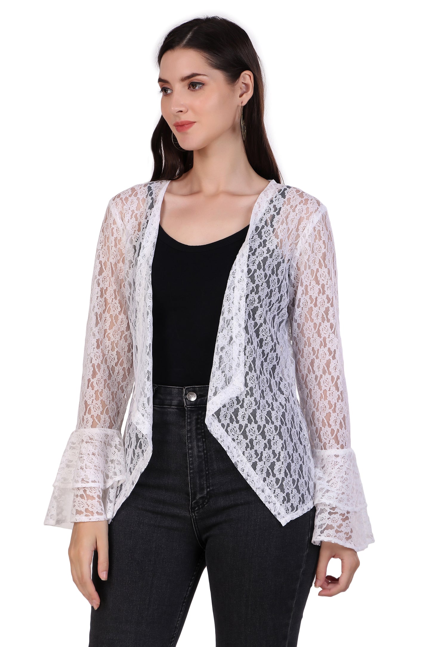BoheeWohee Women's Floral Self Design Lace Shrug with Double Bell Sleeves-White