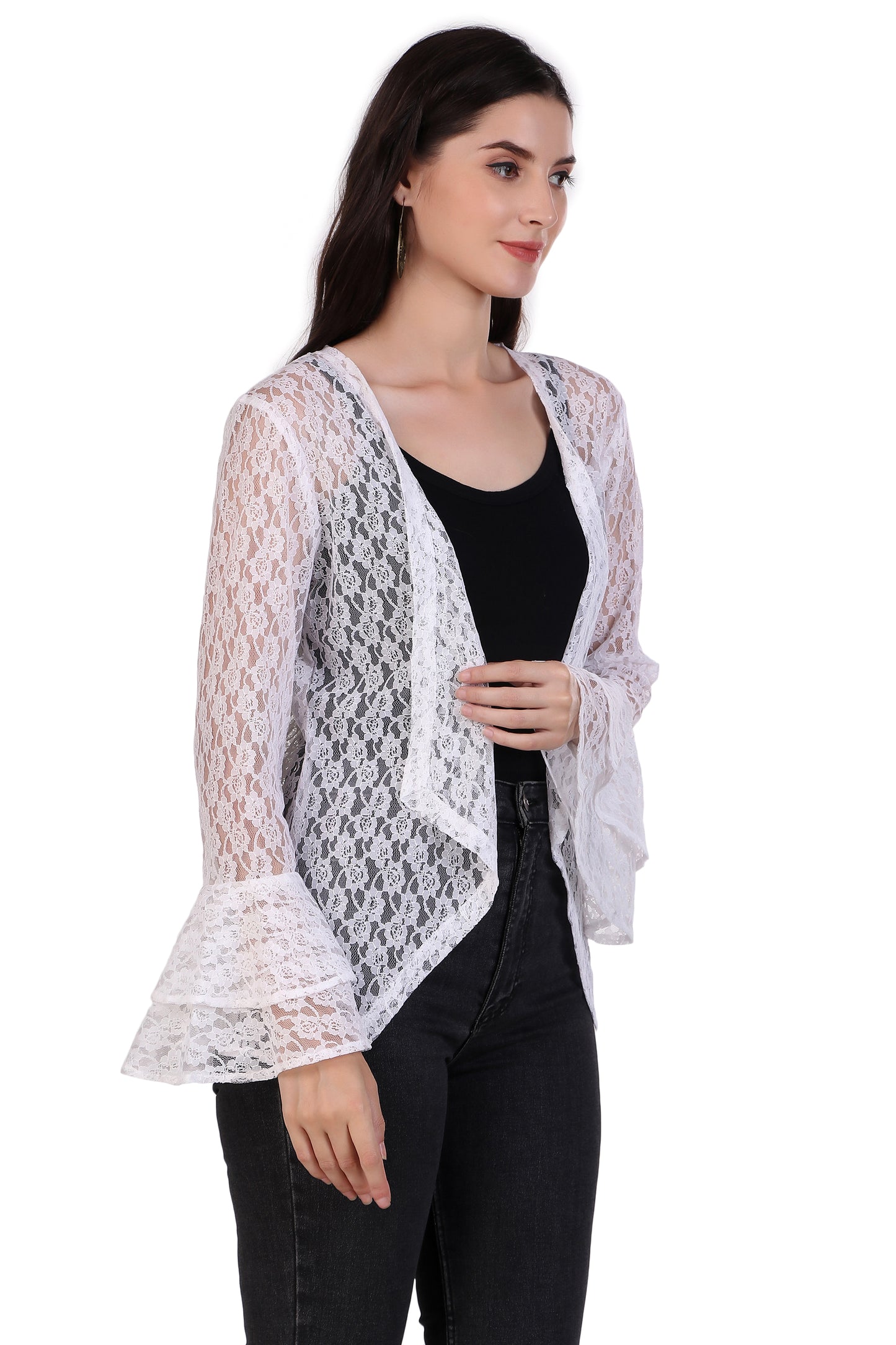 BoheeWohee Women's Floral Self Design Lace Shrug with Double Bell Sleeves-White
