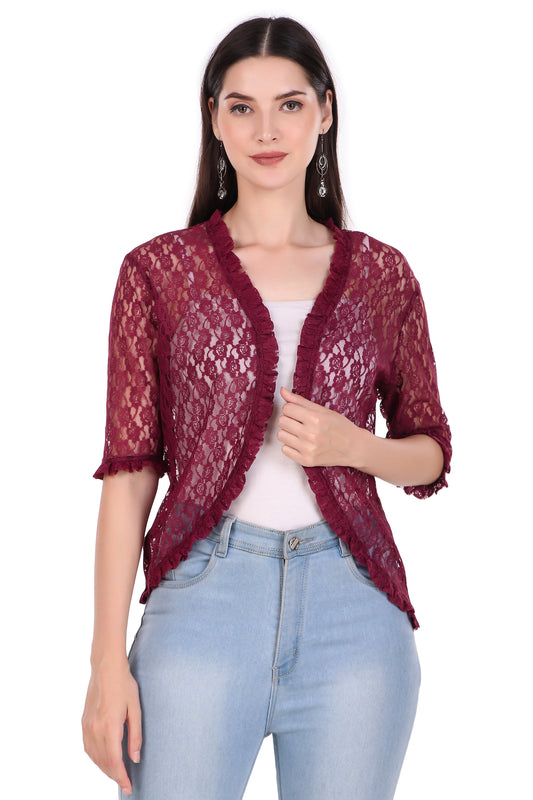 BoheeWohee Women's Floral Lace Shrug with Frill Accents - Aubergine