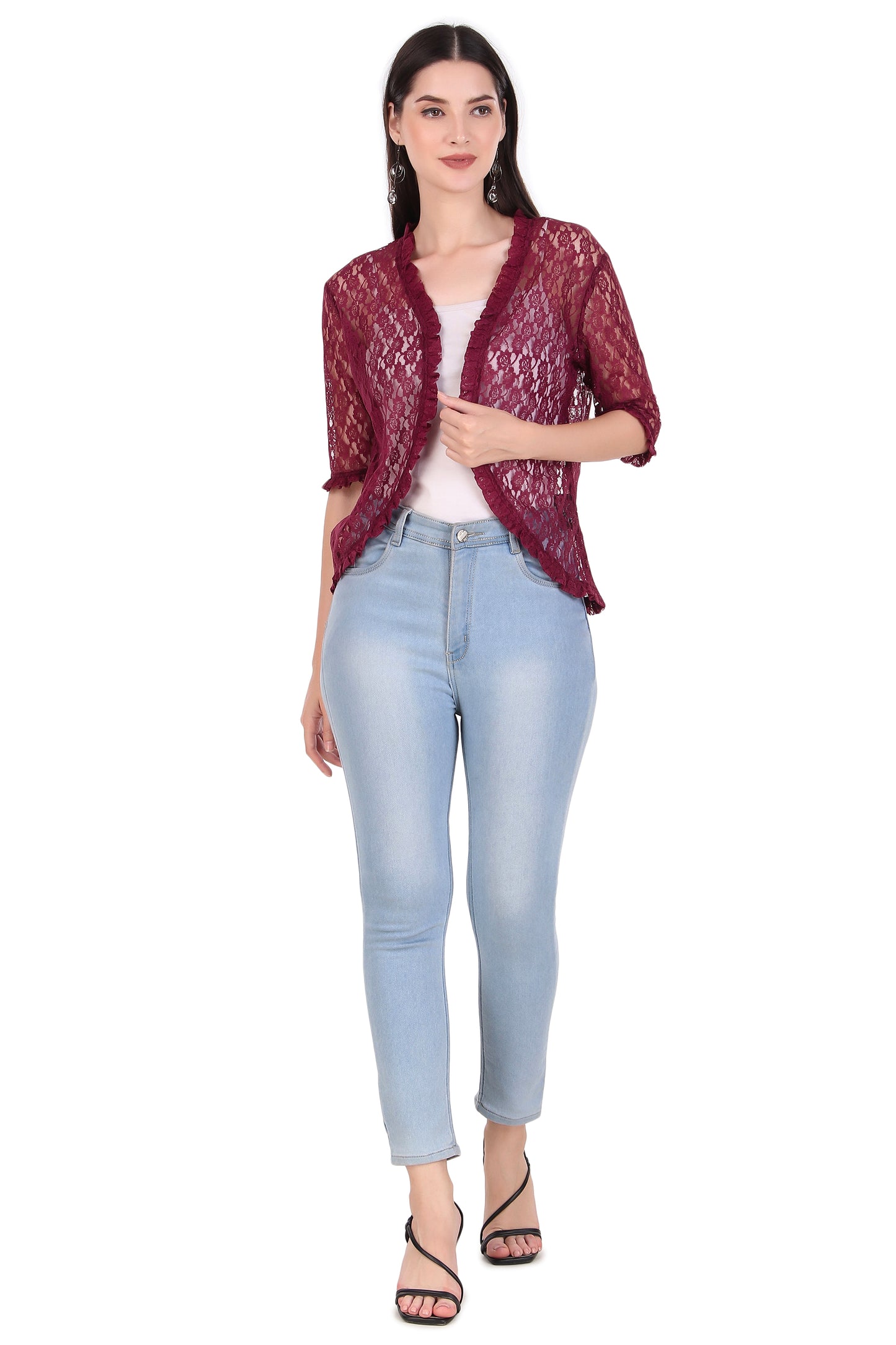 BoheeWohee Women's Floral Lace Shrug with Frill Accents - Aubergine