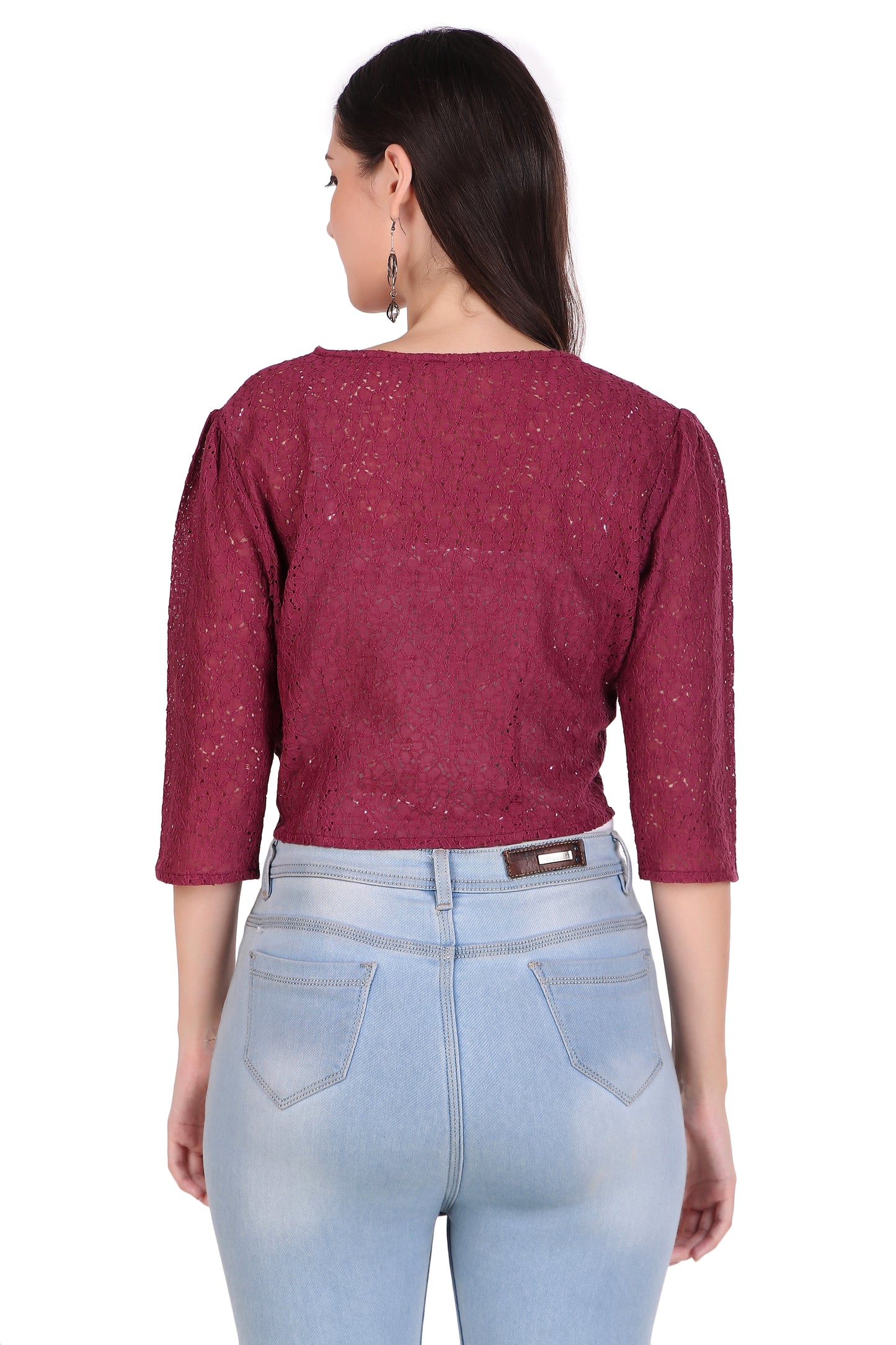 BoheeWohee Women's Cotton Lace Shrug with 3/4 Puffy Sleeves-Aubergine
